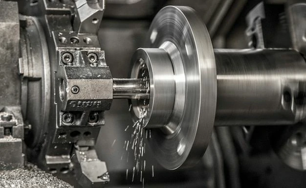 Close-up of cutting tools interacting with a rotating metal workpiece, emphasizing high precision and smooth surface finishes.
