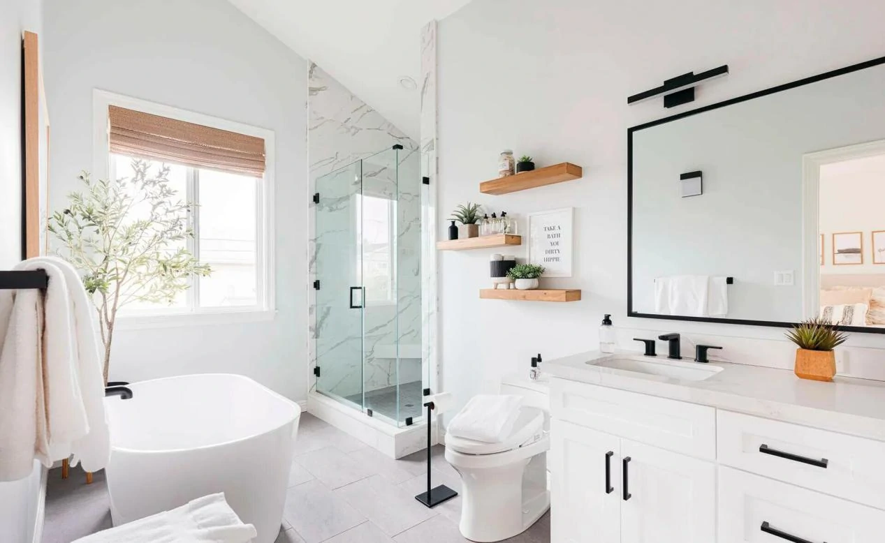 A modern minimalist bathroom with frameless glass shower and a luxurious bathtub