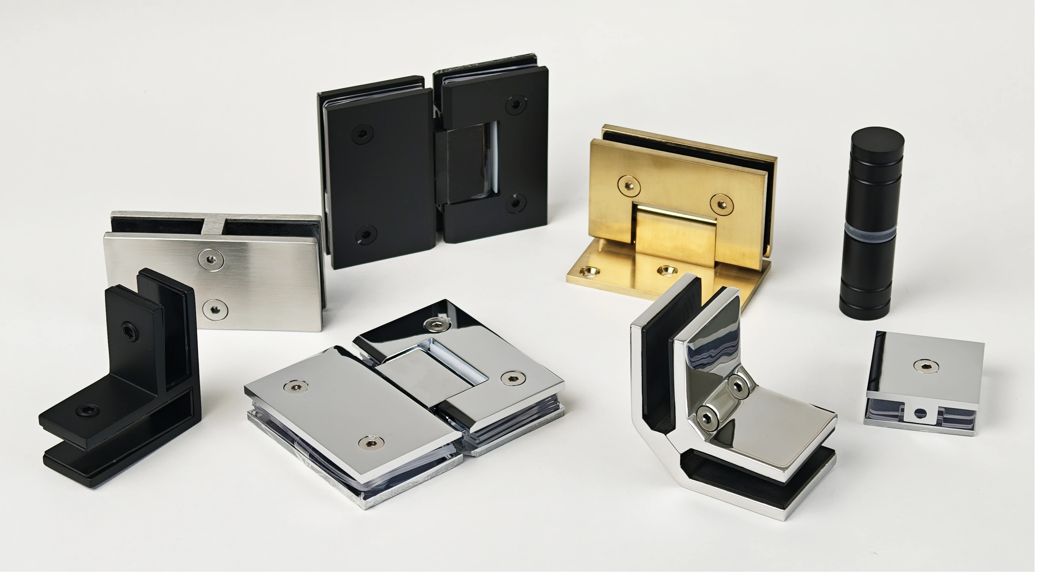 Various styles and finishes of high-quality glass door hinges for modern bathroom fittings