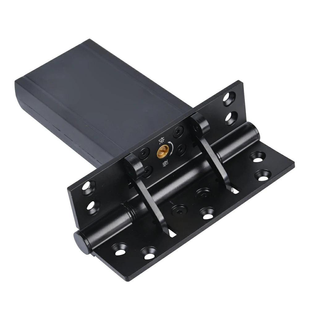 Close-up of black hydraulic hinge featuring adjustable speed screws and silent operation.