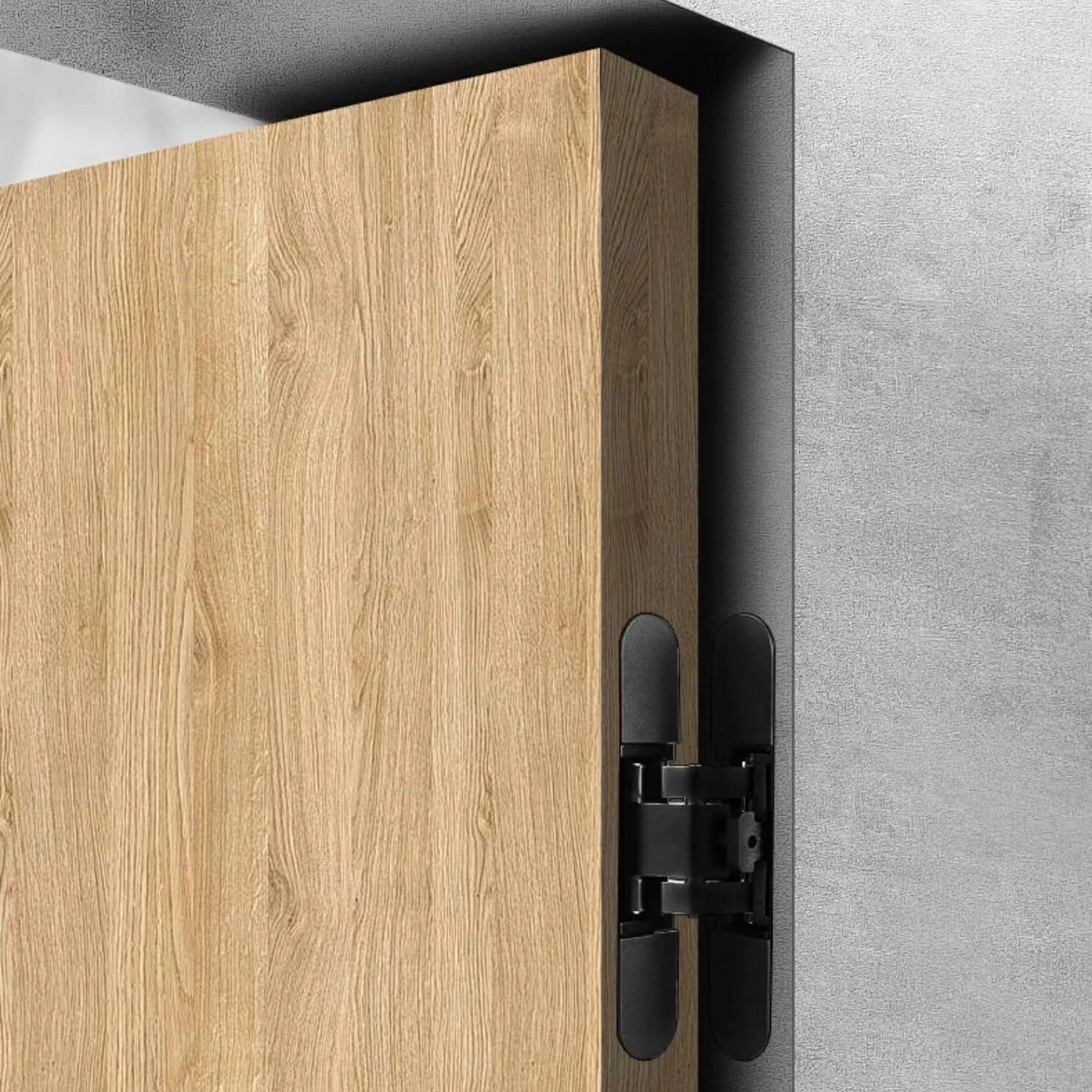 Flush-mounted concealed hinge installed on a wooden door, showing minimal gap.