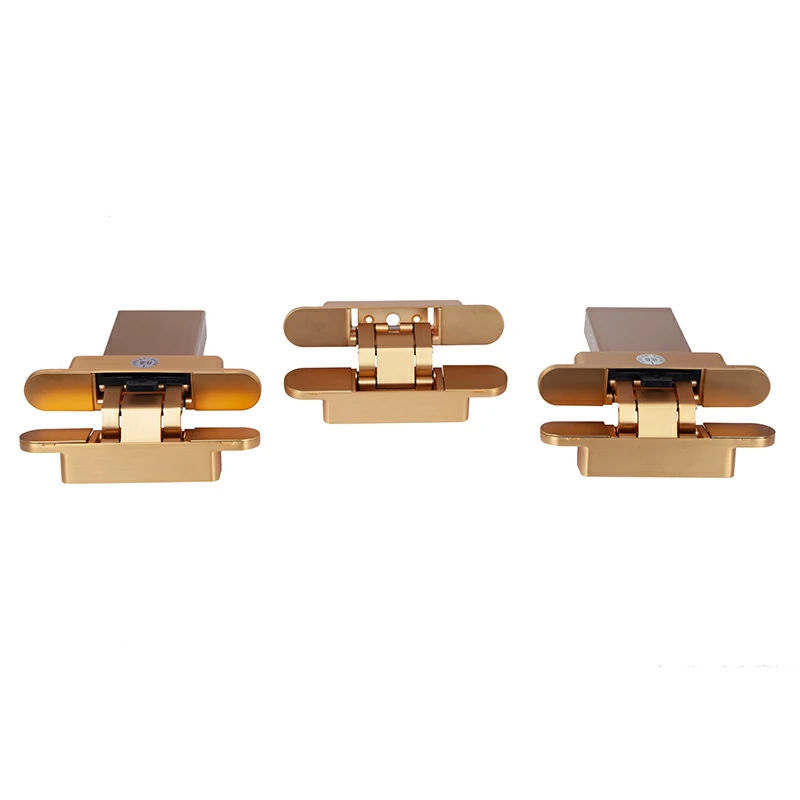 Set of 3 gold finish concealed hinges featuring 3D adjustability for heavy doors.