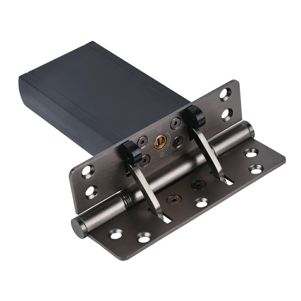 Gunmetal grey door hinge with integrated hidden hydraulic closer mechanism.