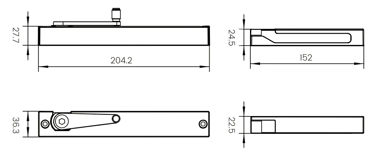 Technical dimension drawing of hydraulic door damper (204mm length) for installation planning.