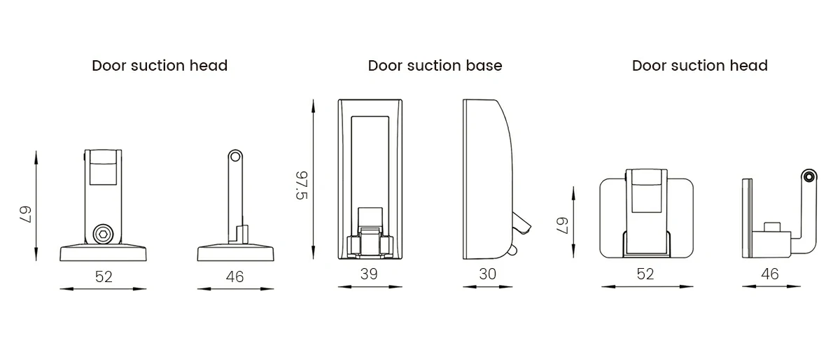 Technical dimension drawing and specifications of the hydraulic door stopper.