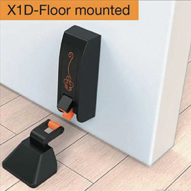 Hydraulic door stopper installed on the floor with soft-close buffer mechanism.