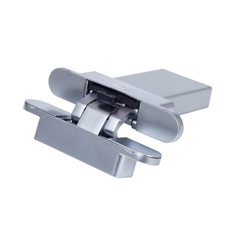 Satin chrome finish silent door hinge with 180-degree opening angle.