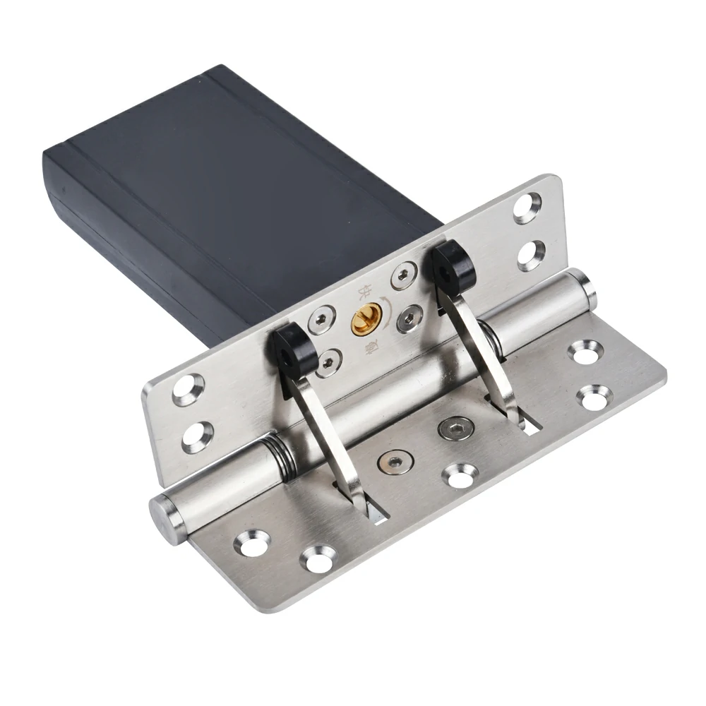 Detail view of silver automatic closing hinge showing sturdy mounting plates.