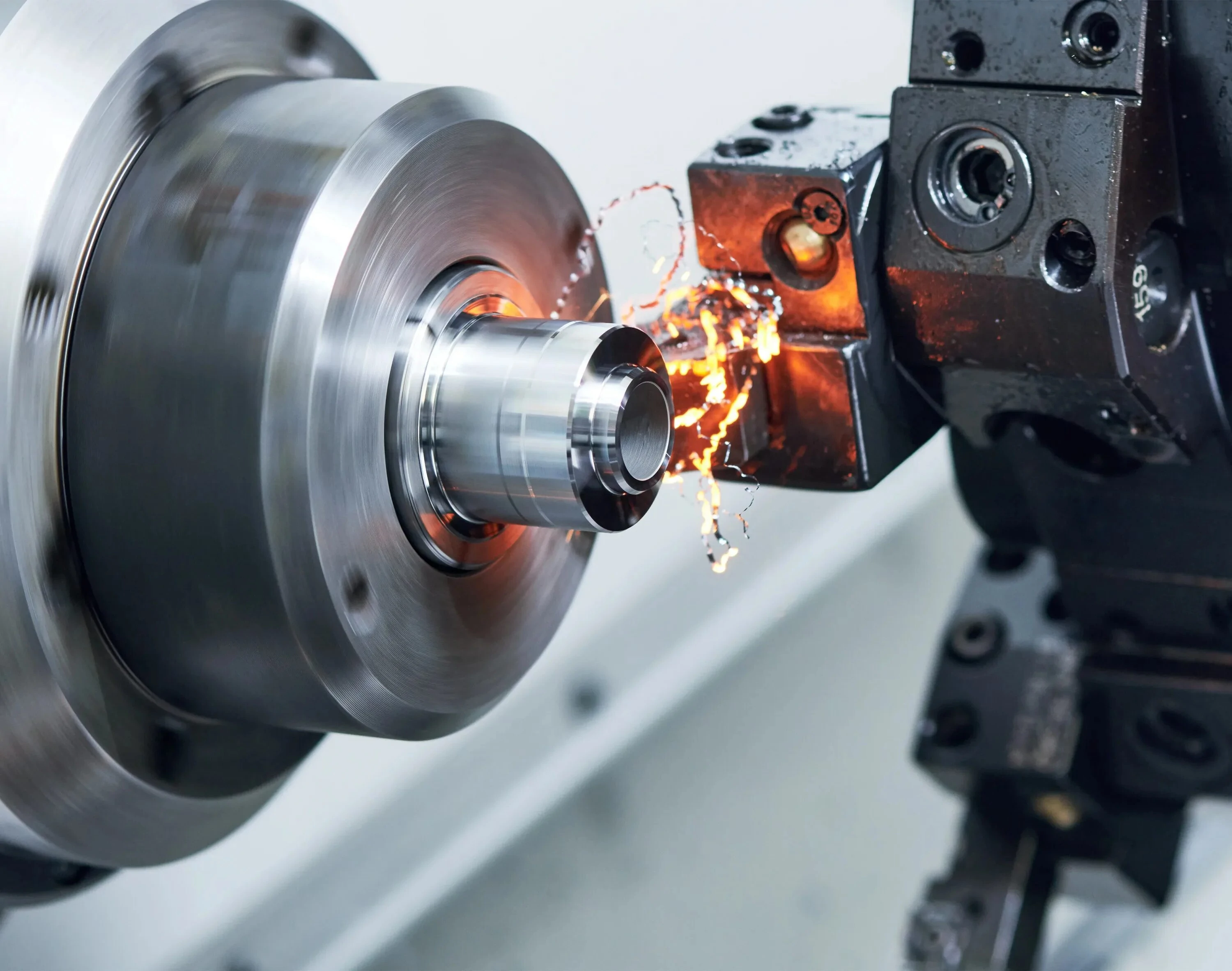 CNC lathe turning a metal workpiece with sparks and chips during machining