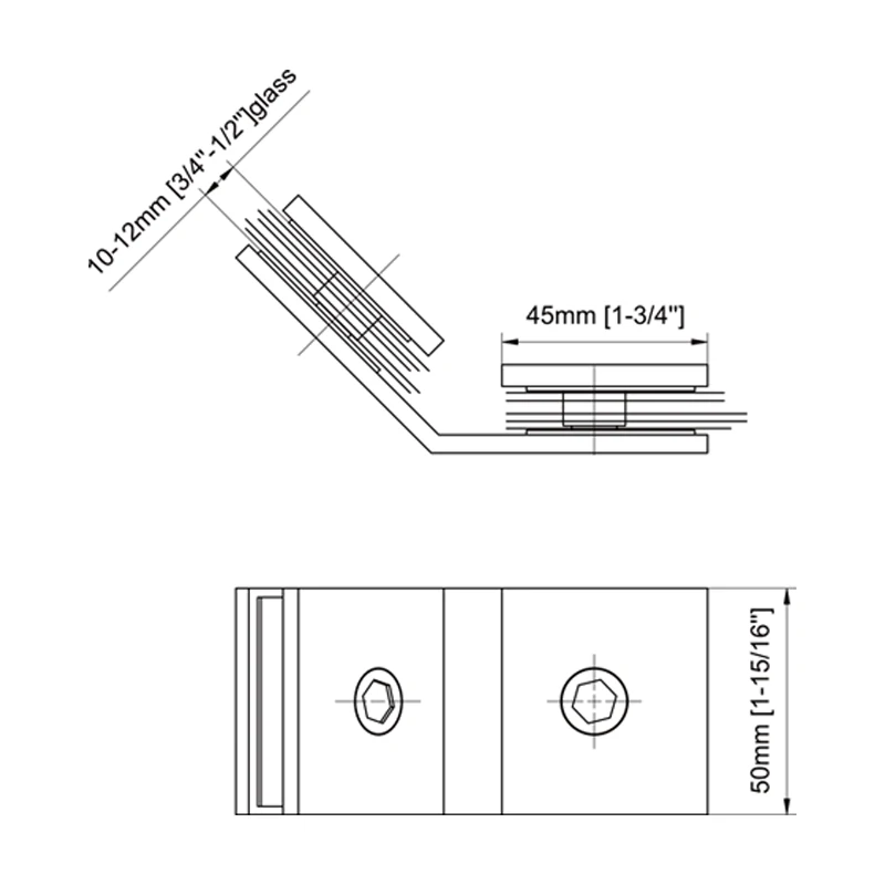135°Glass to Glass Square Wall Mount & Glass Clamp Size