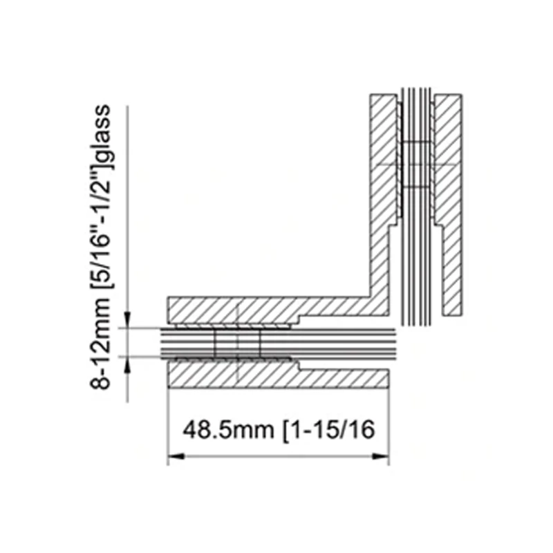 Beveled Profile 90° Glass to Glass Square Wall Mount & Glass Clamp Size