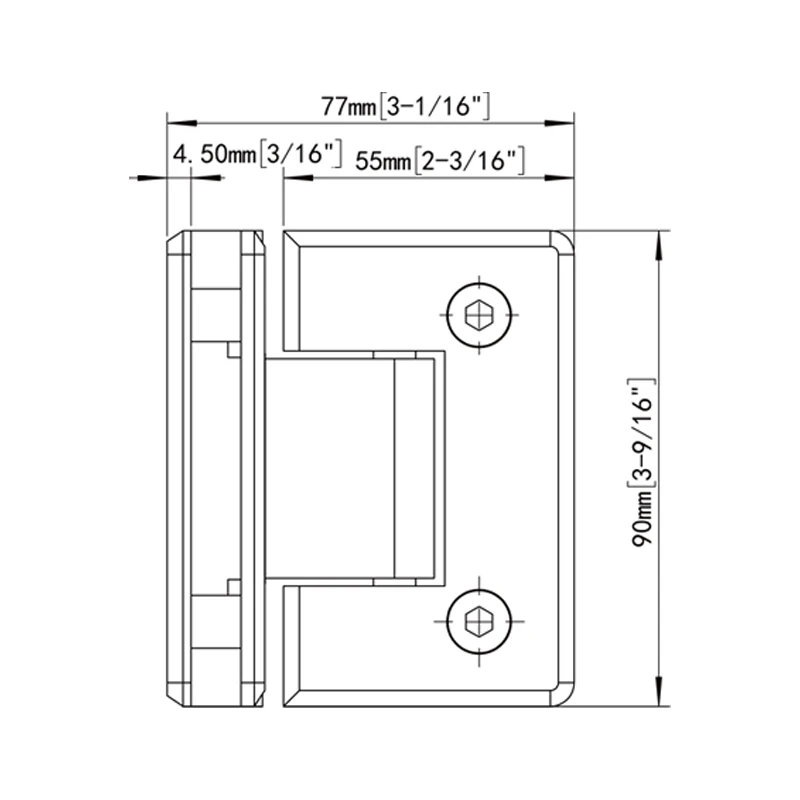 Beveled Profile 90°Glass to Glass Shower Door Hinges Size
