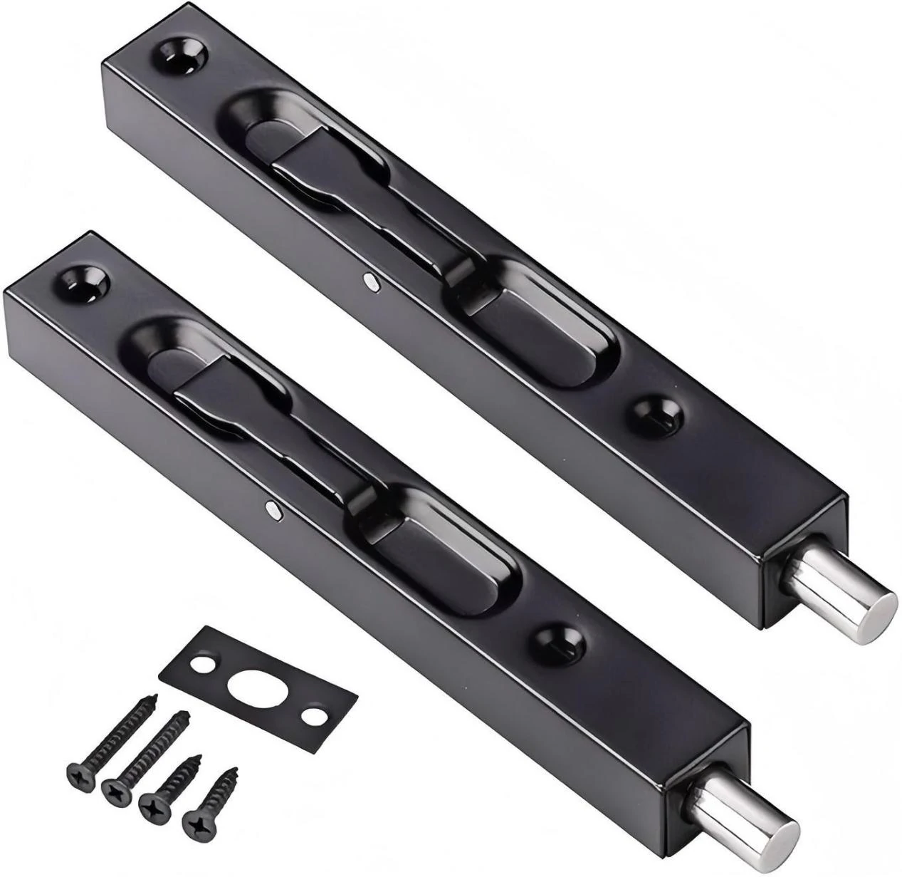 Loquets à pêne coulissant dissimulés noirs pour sécuriser le vantail passif des portes doubles en bois ou en métal.