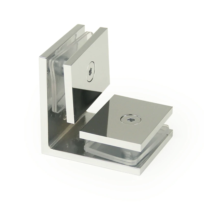 Mirror Chrome Finish 90°Glass to Glass Square Wall Mount & Glass Clamp