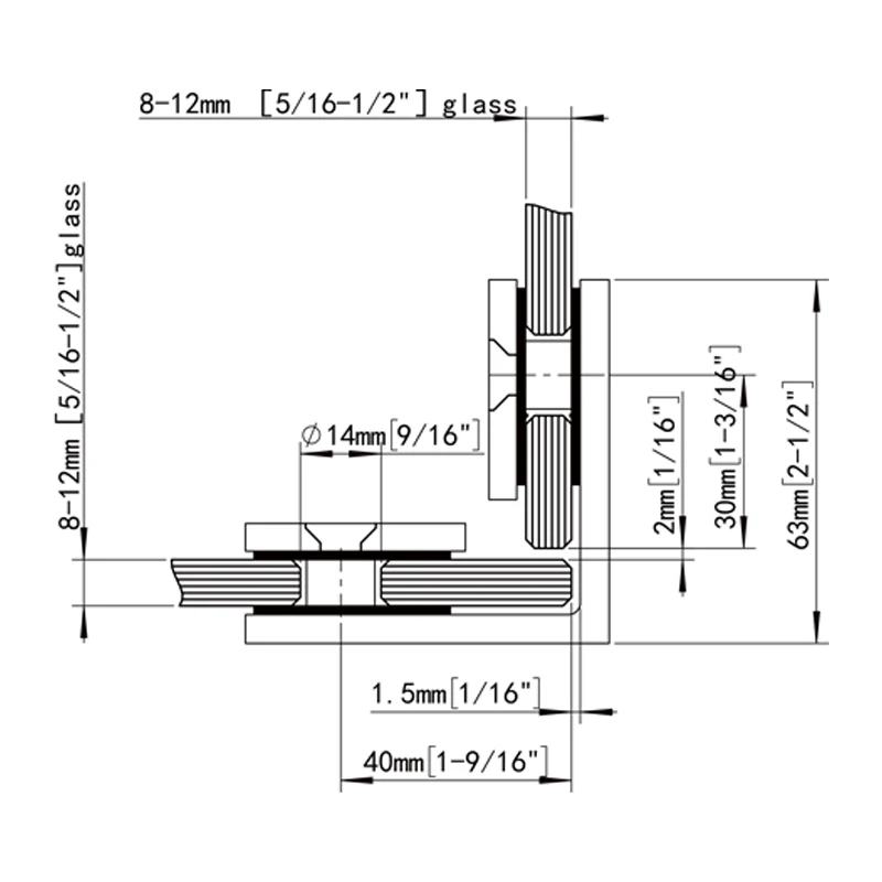 Mirror Chrome Finish 90°Glass to Glass Square Wall Mount & Glass Clamp Size