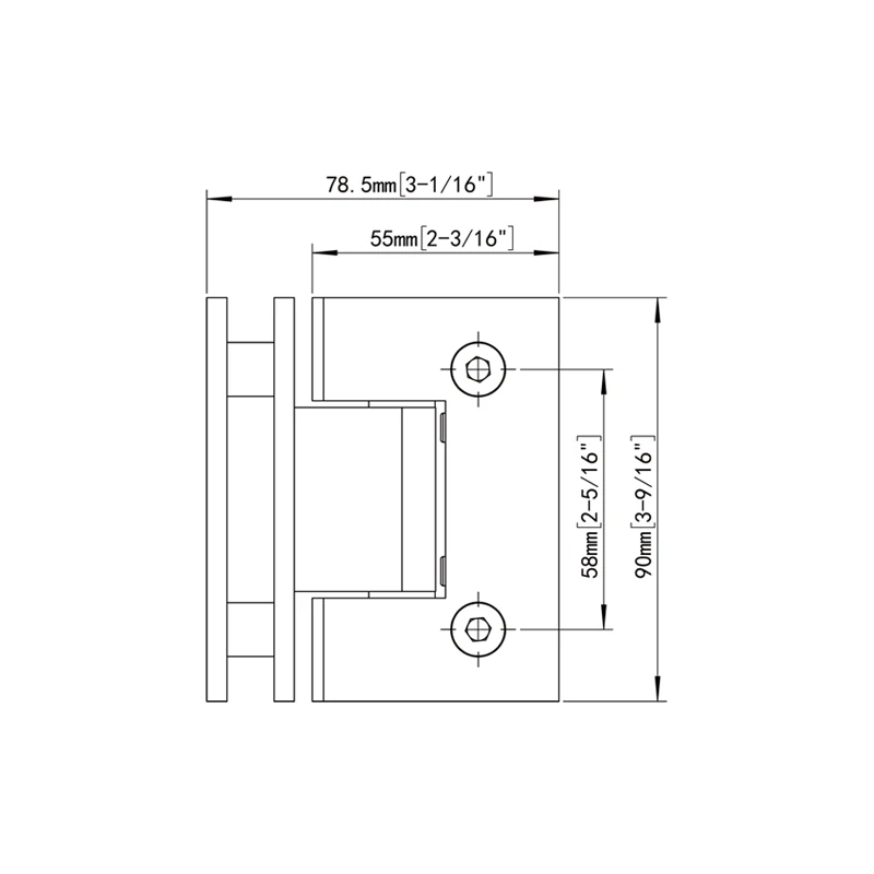 Square Profile 90°Glass to Glass Shower Door Hinges Size