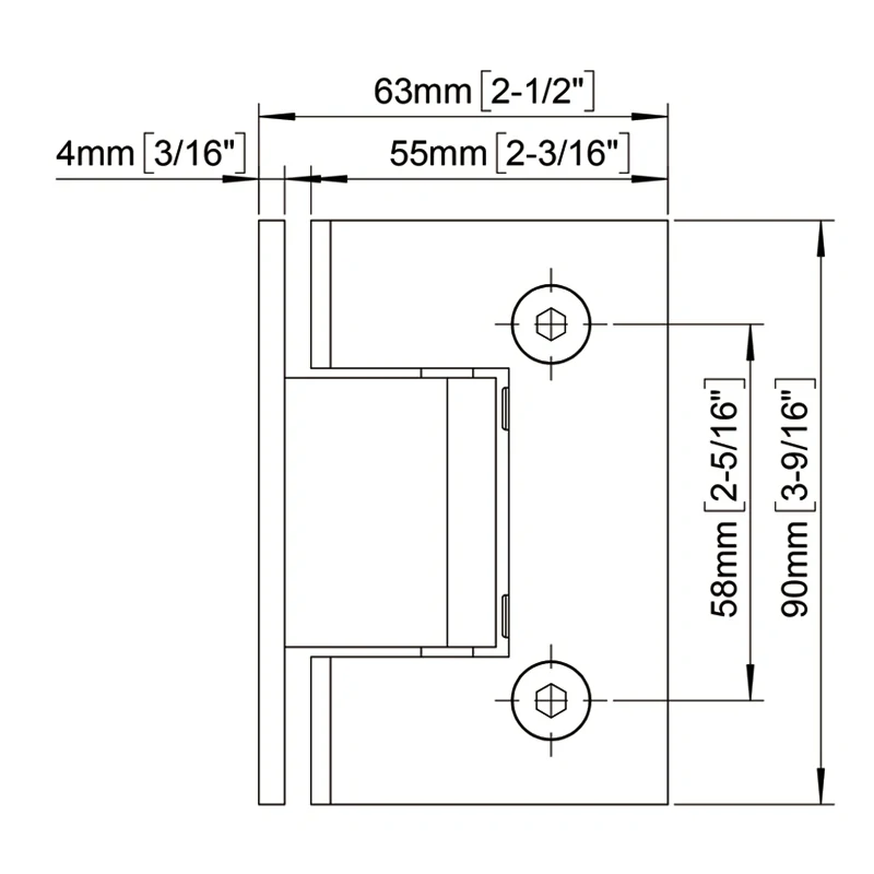 Square Profile Glass to Wall Shower Door Hinges Size