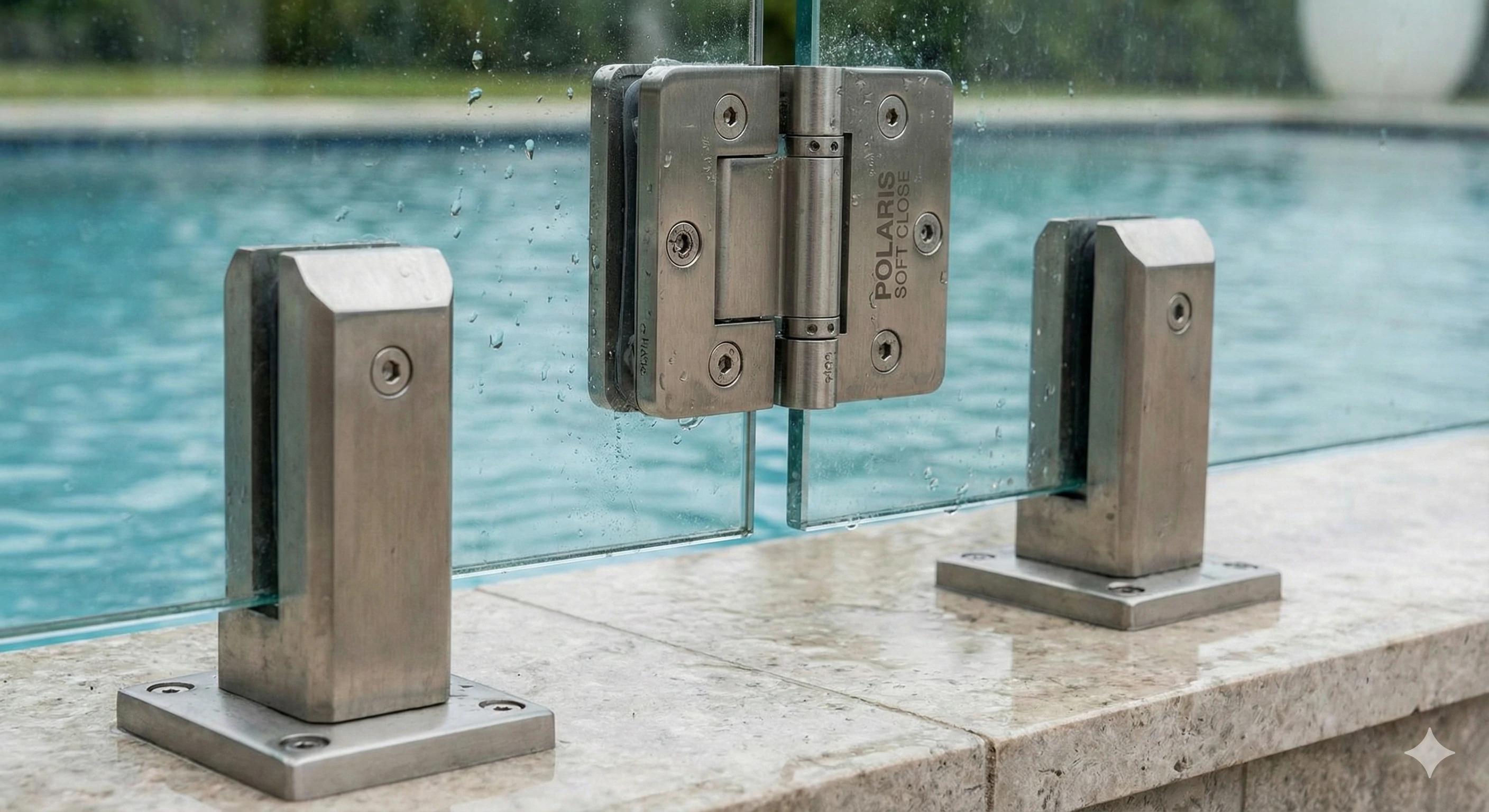 صنابير زجاجية شديدة التحمل تدعم لوحة المفصلة لنظام بوابة زجاجية بدون إطار لحمام السباحة.