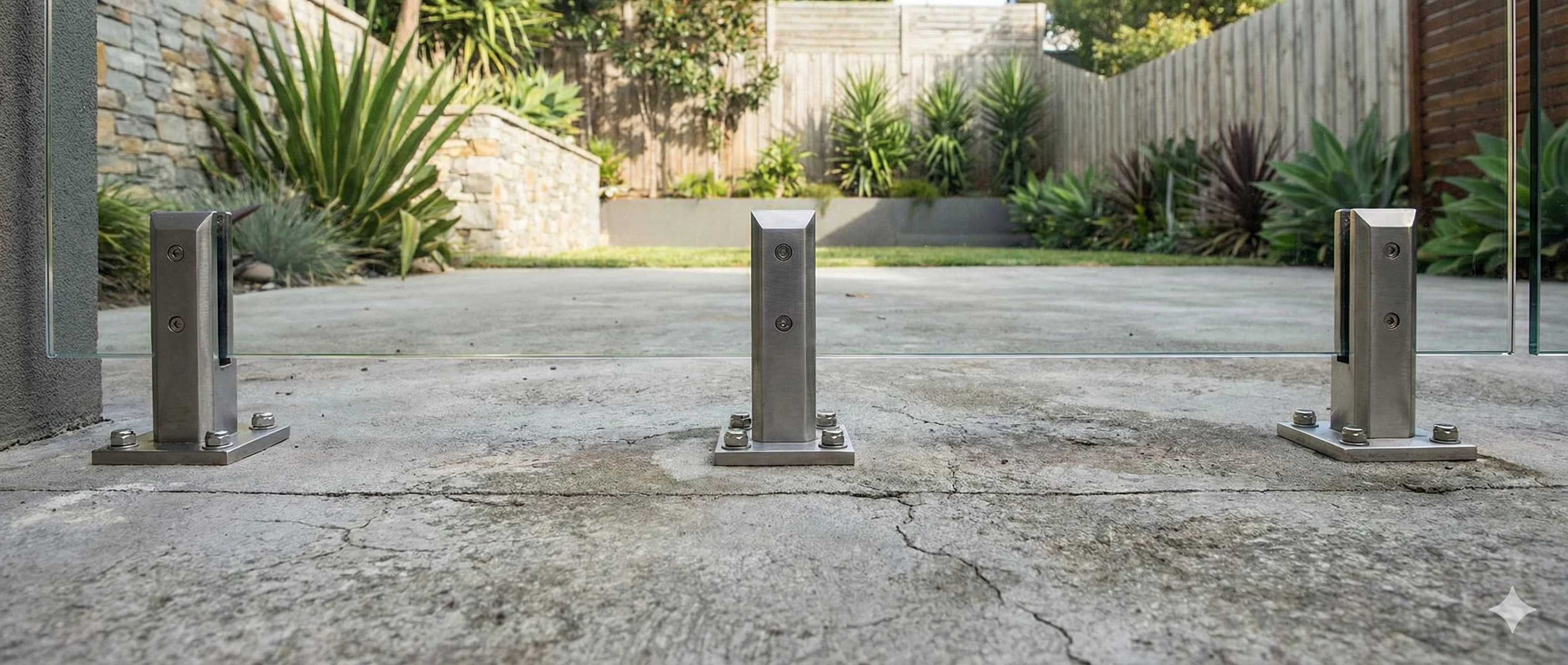 لوحة سياج زجاجية كبيرة الحجم مدعومة بثلاثة حنفيات لمنع الانحناء وزيادة الثبات.