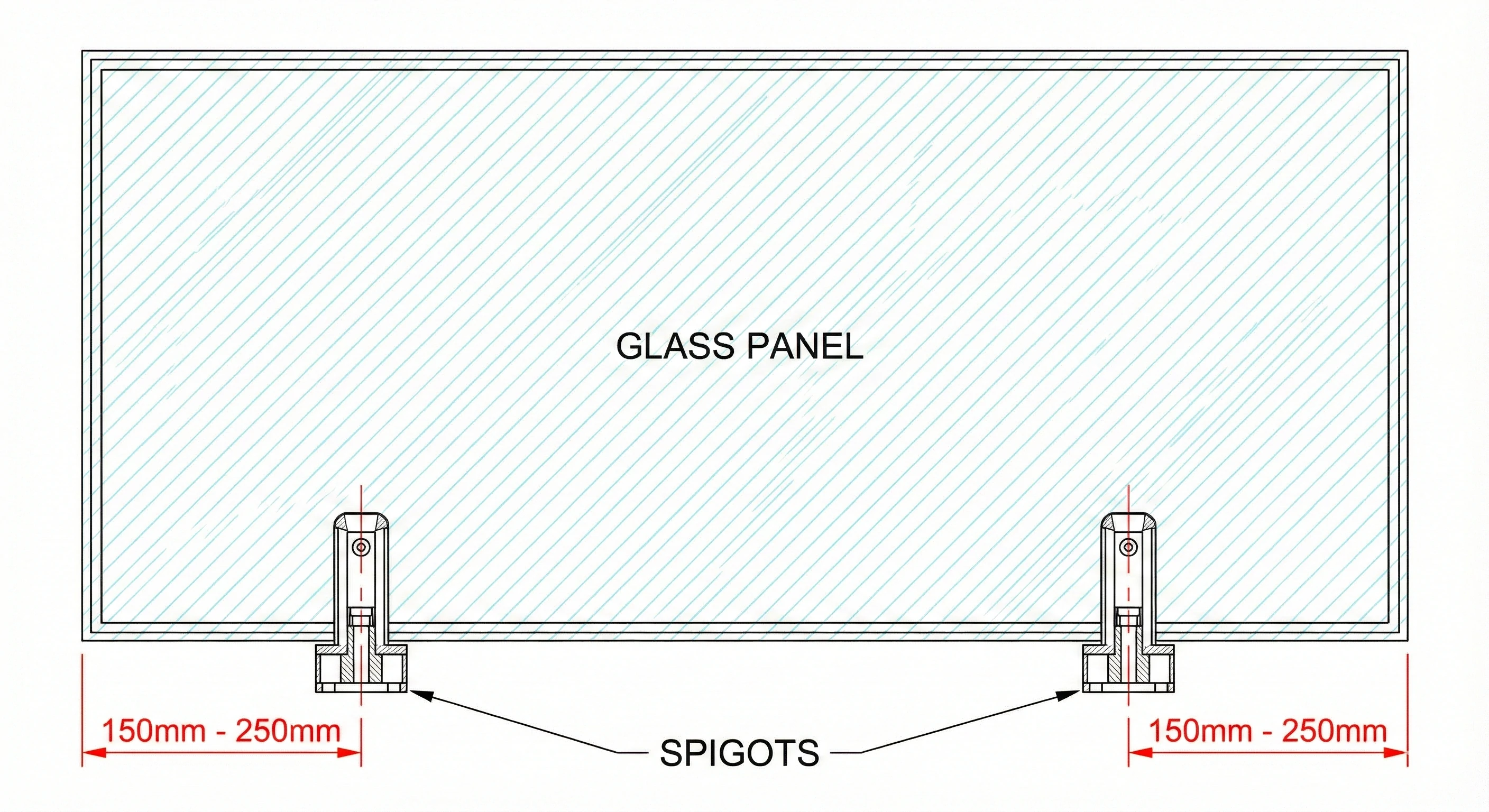 رسم تخطيطي تقني يوضح المسافة الموصى بها بين الحواف (150 مم - 250 مم) لمقابس الزجاج.