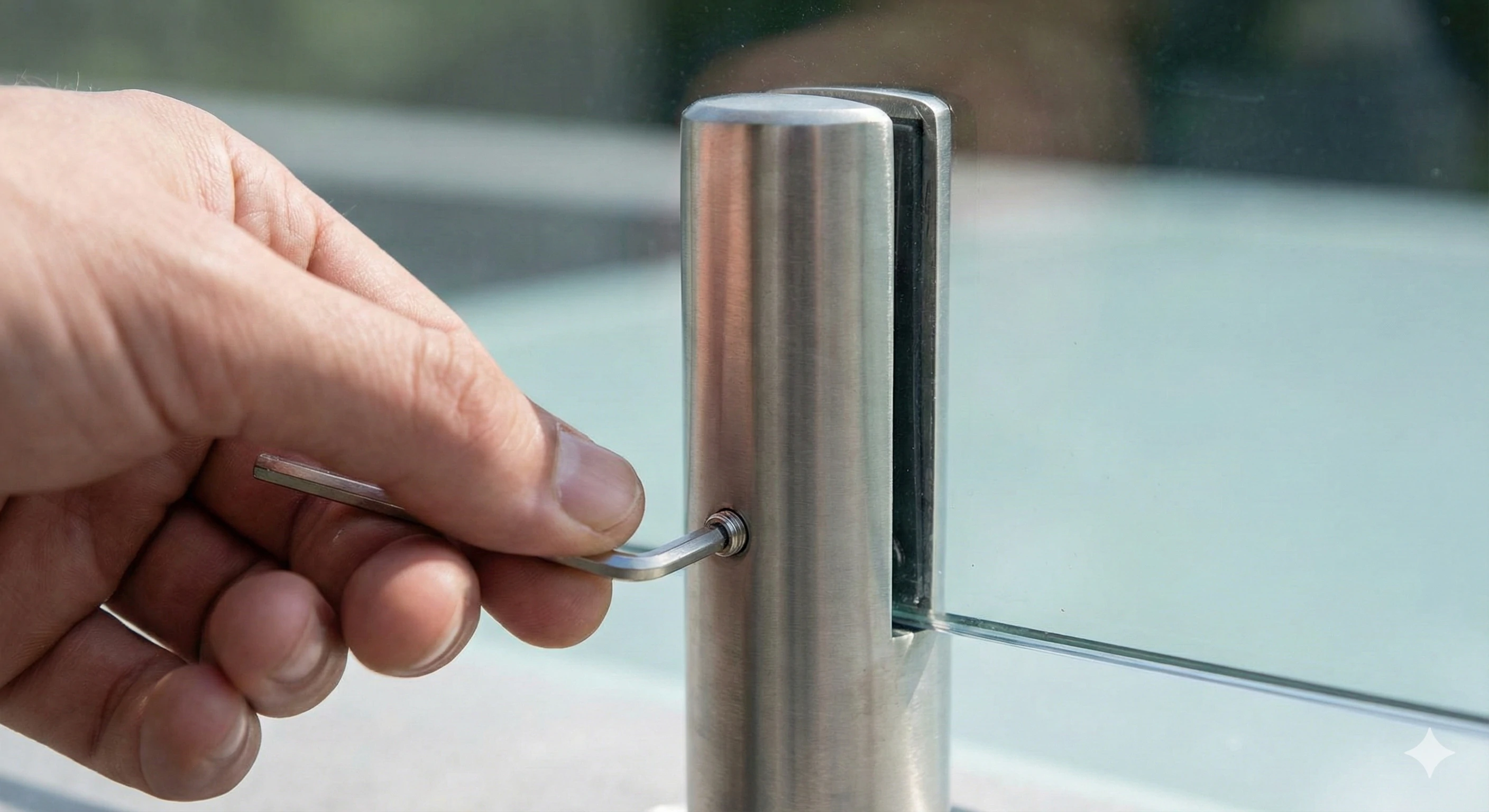 Tightening grub screws with an Allen key to adjust the tilt and alignment of the glass panel.