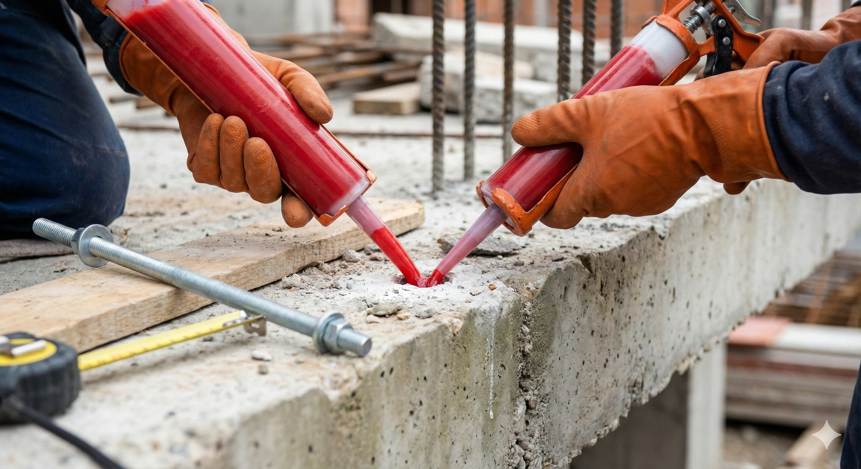 Injection d'époxy chimique dans un substrat en béton pour fixer des tiges filetées destinées à des supports d'écartement en verre.