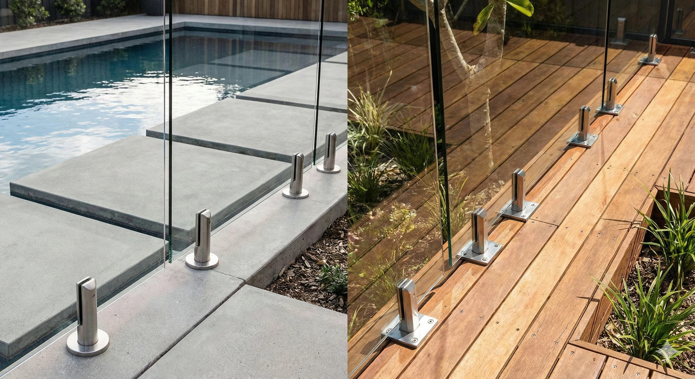 Side-by-side comparison of core drill spigots on concrete vs base plate spigots on wood decking.