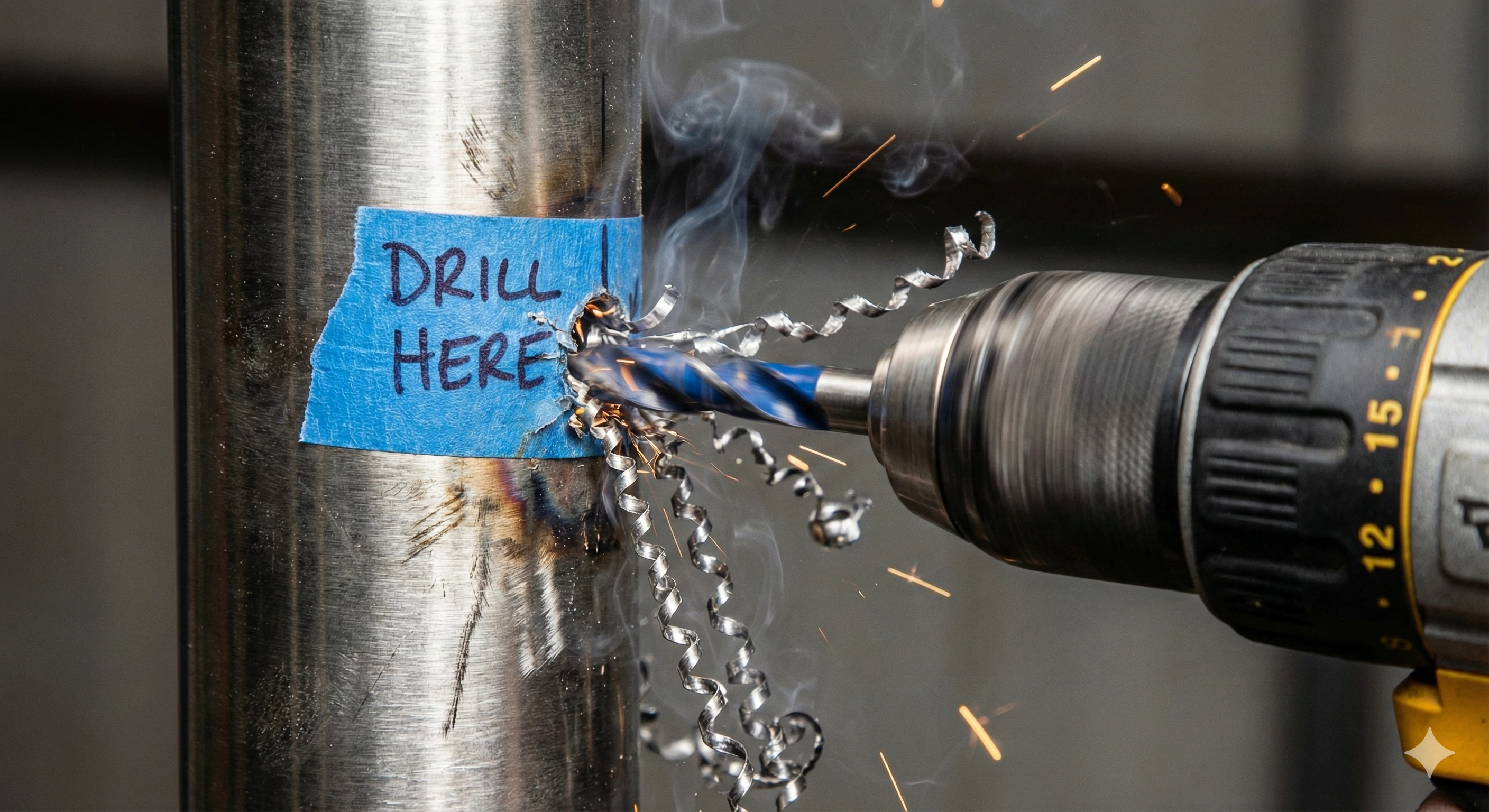 Close-up action shot. A power drill with a metal drill bit is drilling a hole into a round stainless steel railing post. Blue masking tape is used to mark the hole position. Metal shavings are visible.