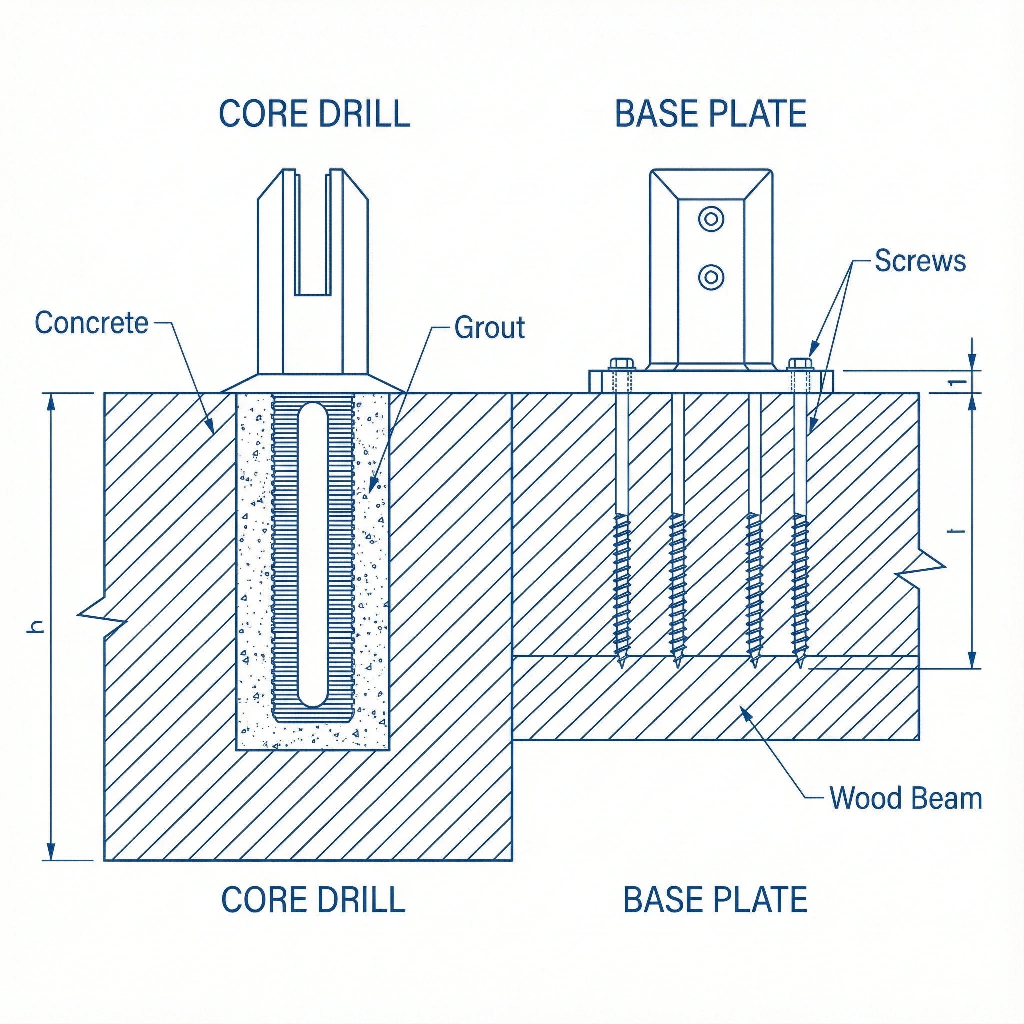 Technical cross-section diagram showing proper anchoring depth for core drill vs base plate installation.
