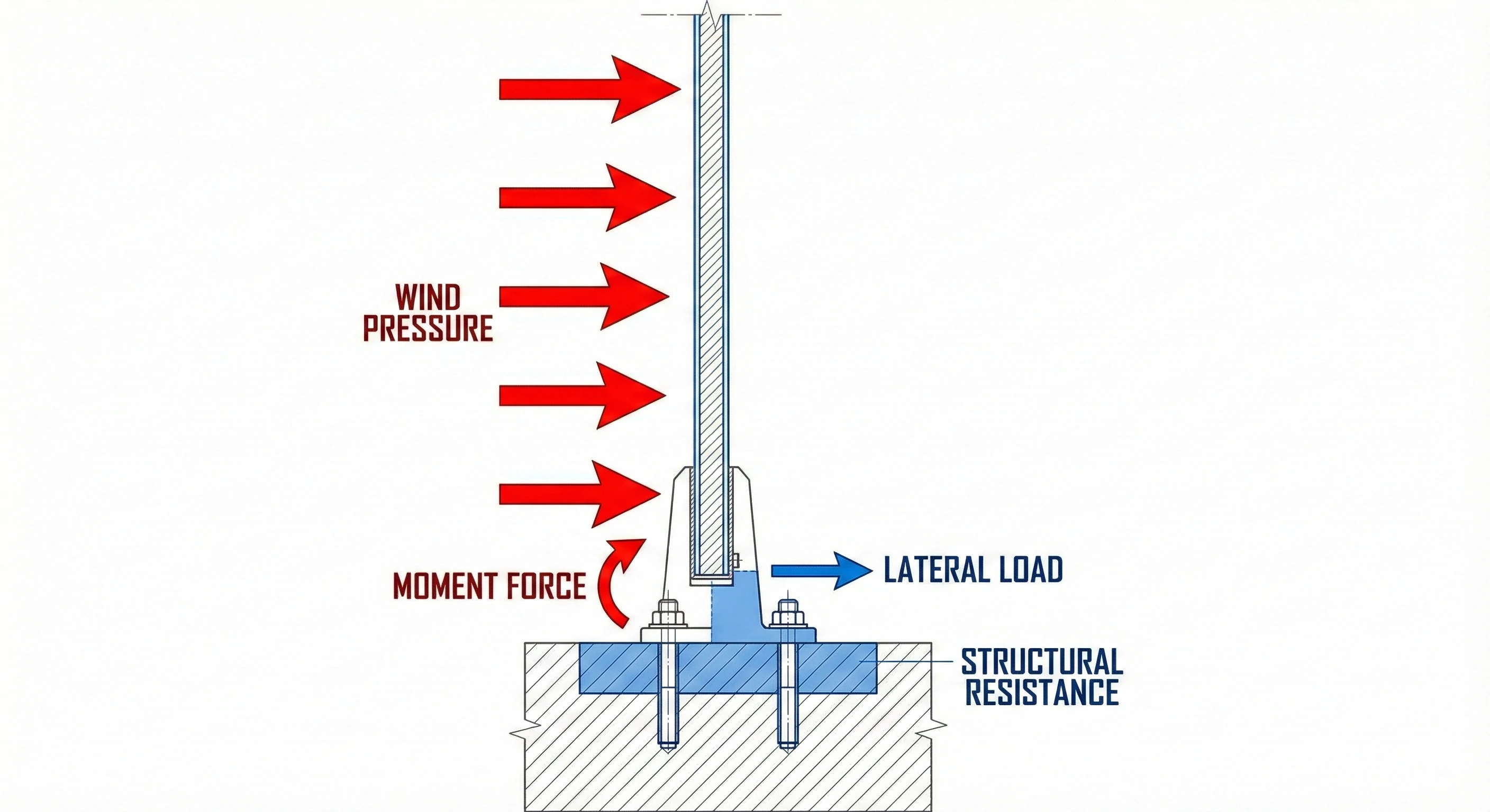 Engineering diagram illustrating lateral wind load forces acting on frameless glass balustrades.