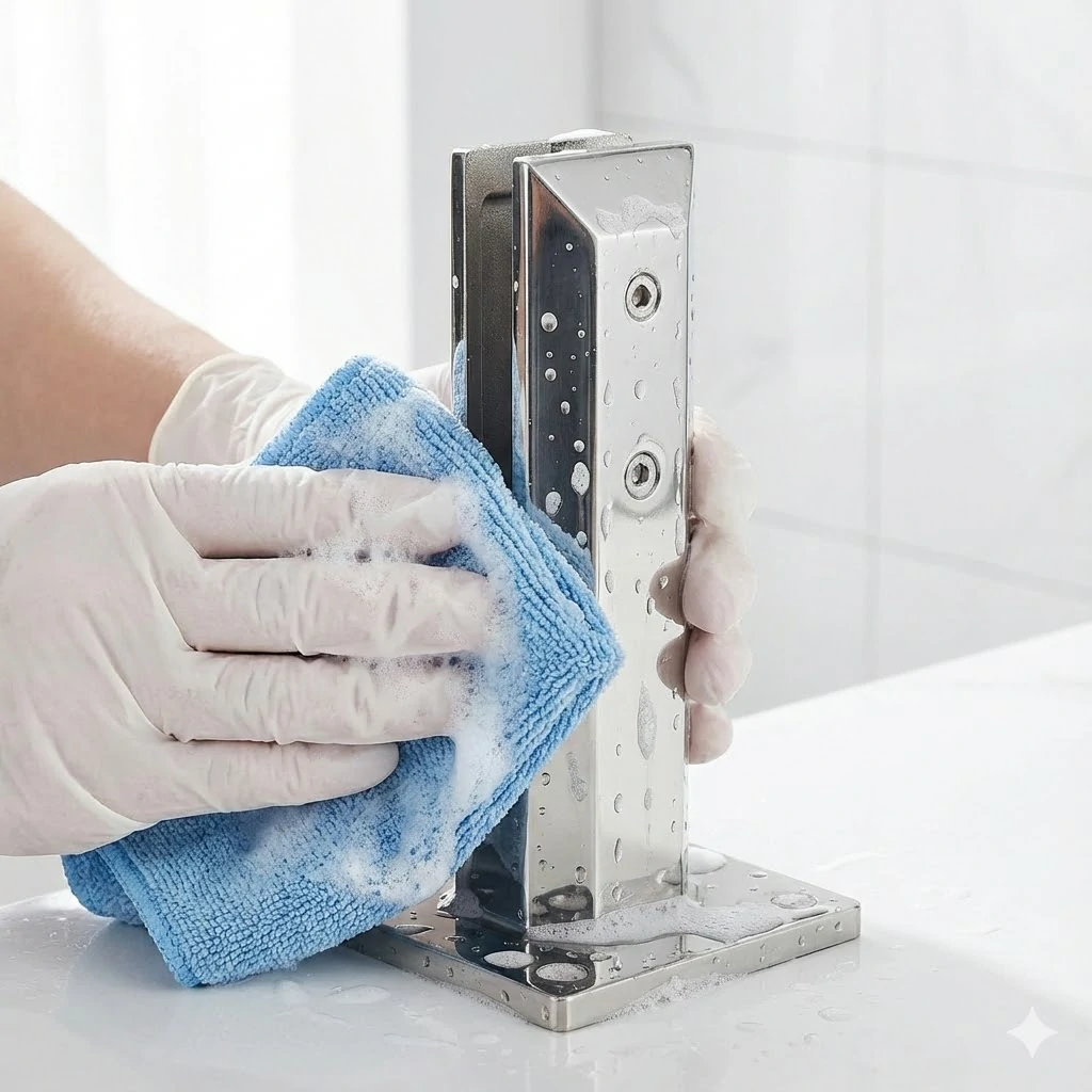 How to clean and maintain stainless steel glass railing hardware to prevent rust.