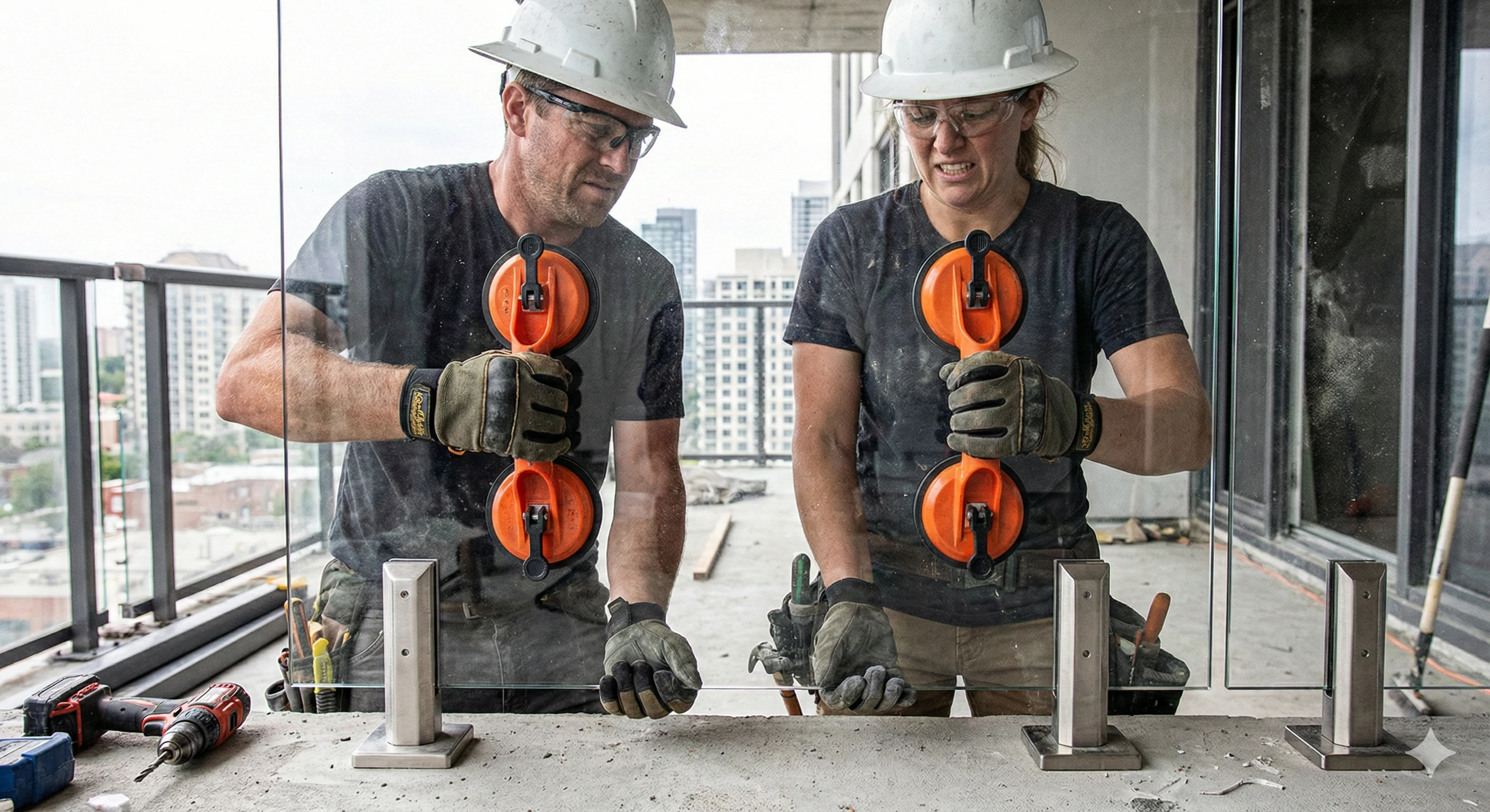Two people safely lifting and installing a glass pool fence panel using glass suction cups.