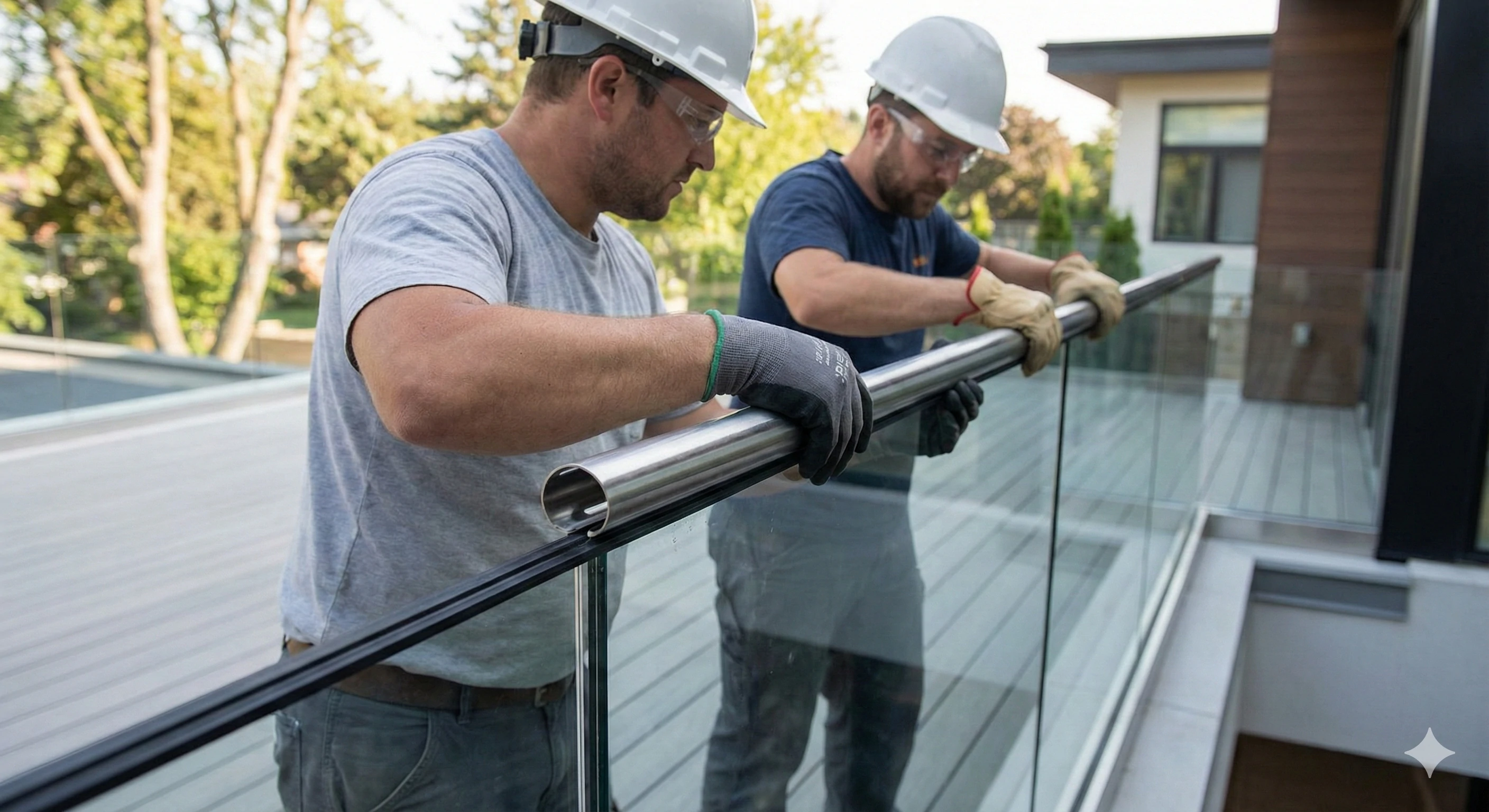 Installation d'un rail de finition en acier inoxydable rainuré sur des panneaux de verre à l'aide d'un joint d'étanchéité en caoutchouc.