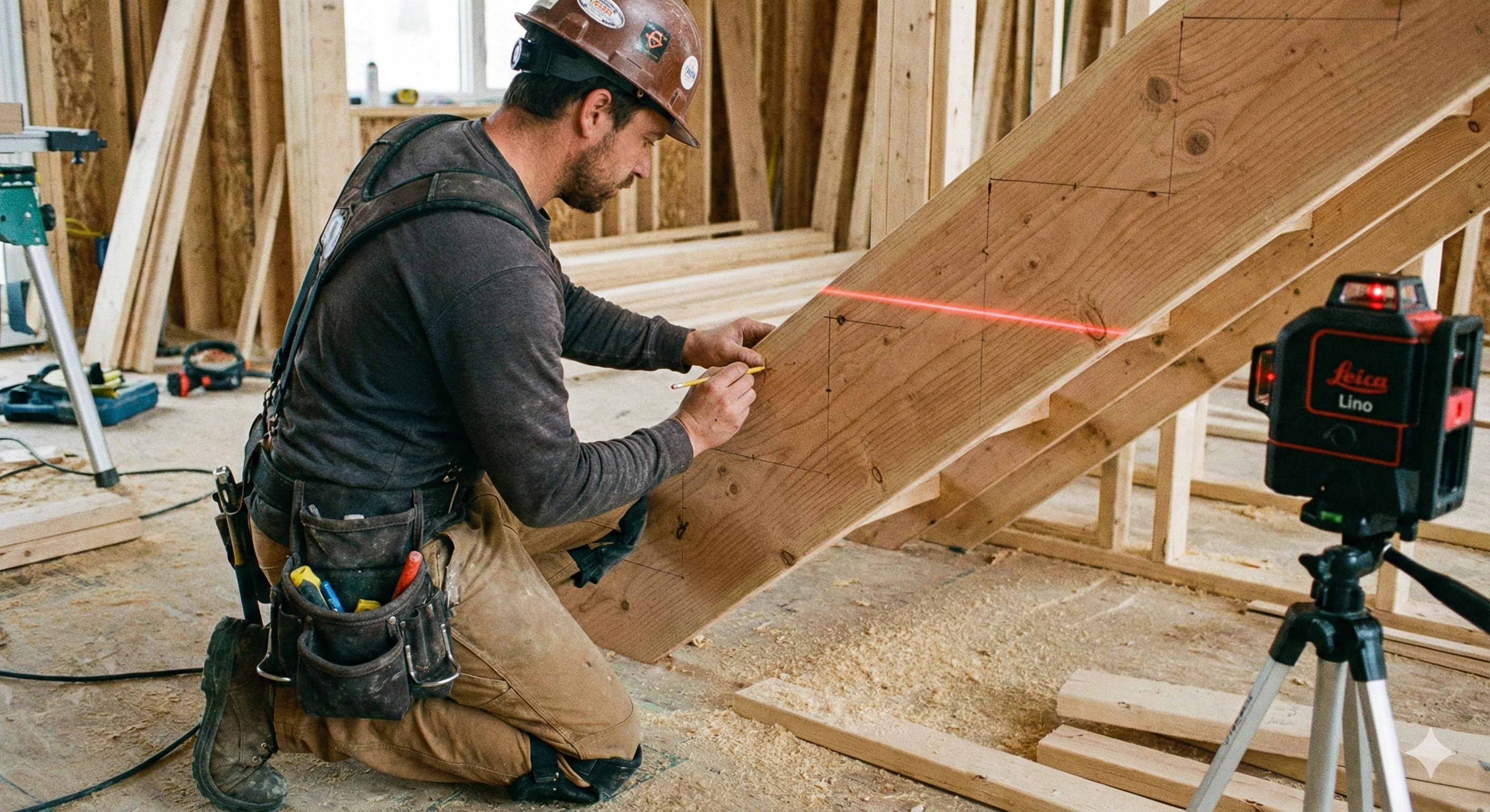 Using a laser level to mark precise drilling positions for fascia mount glass standoffs on a staircase stringer.