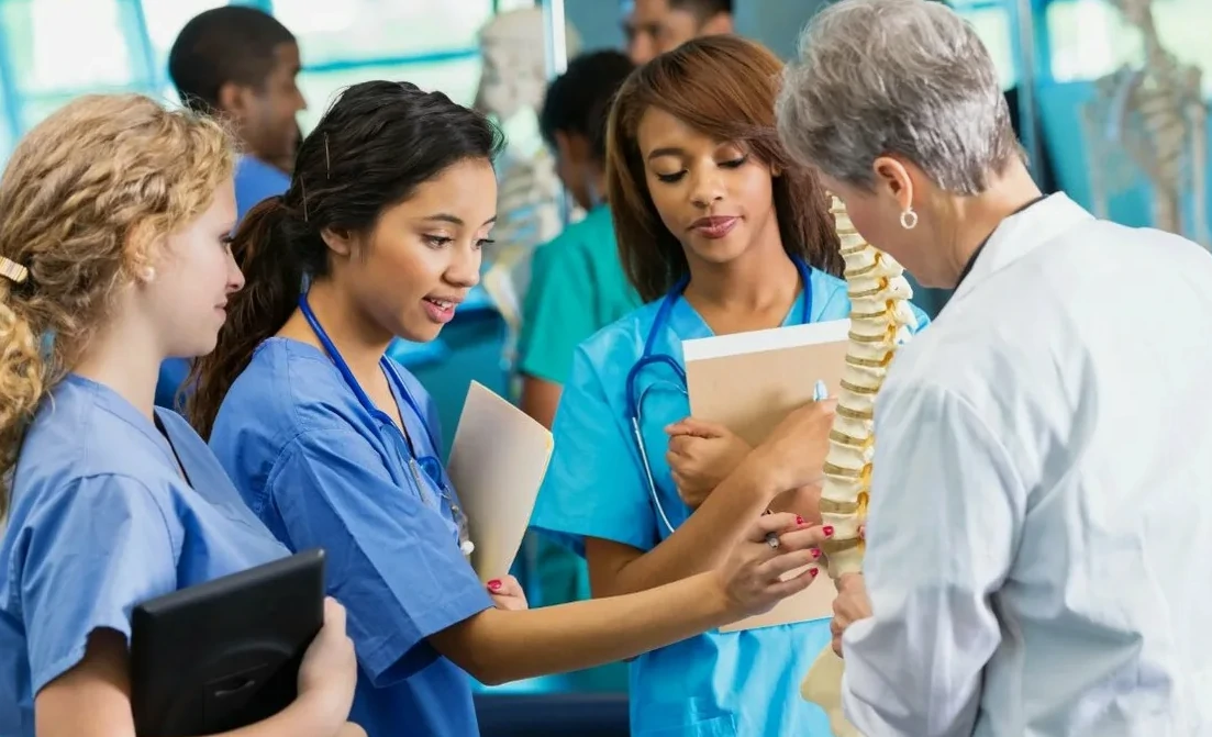 فريق من المتخصصين في الرعاية الصحية والطلاب يحللون نموذجًا للعمود الفقري البشري، مما يمثل البيئة السريرية التي تلعب فيها الأجهزة الطبية المصبوبة بدقة دورًا حاسمًا في رعاية المرضى.