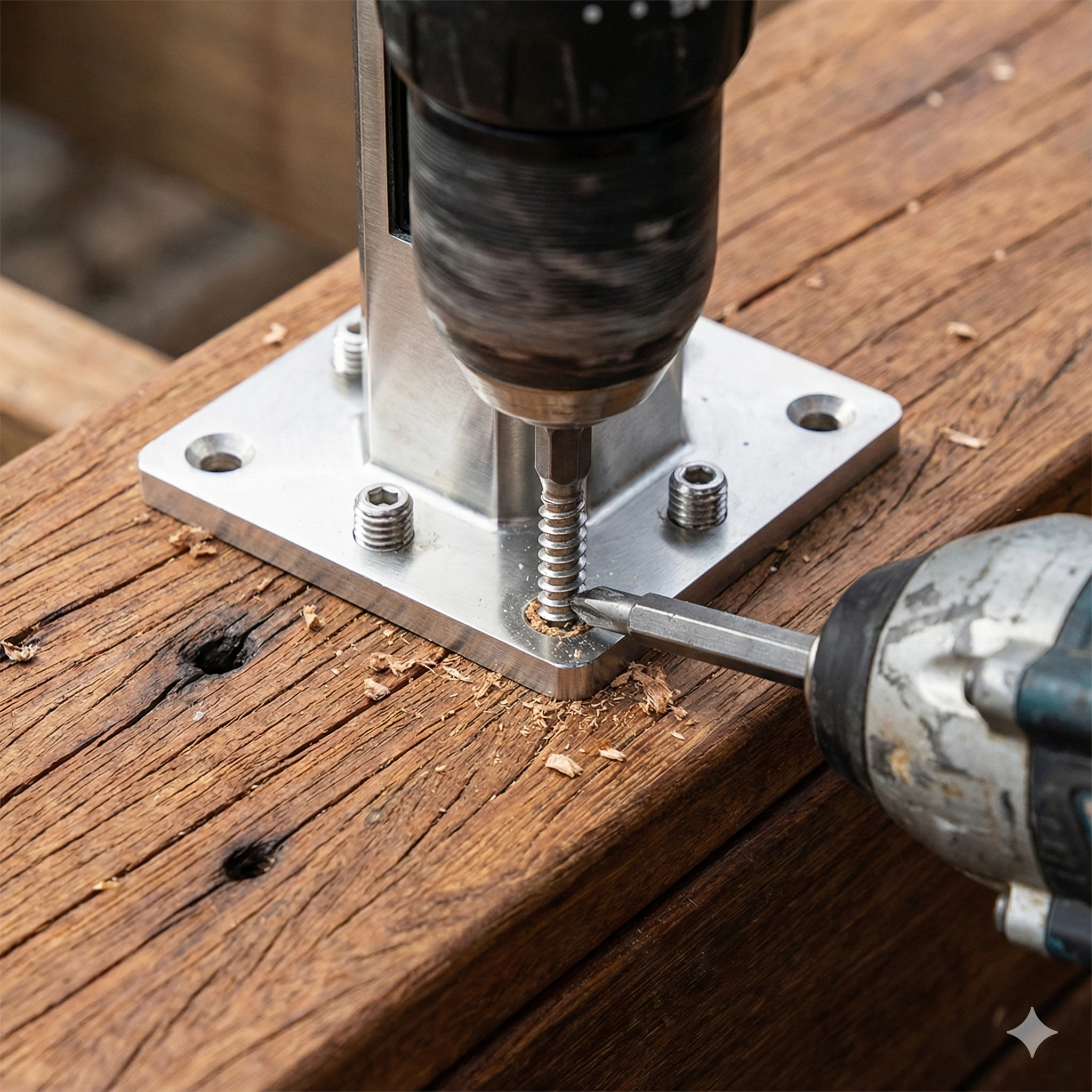Surface mounting glass railing spigots on a wood deck using lag screws and base plates.