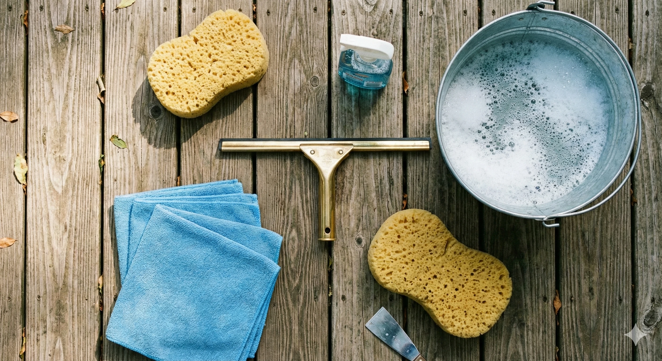 Essential cleaning tools for glass pool fencing including a professional squeegee, microfiber cloths, bucket, and sponge.