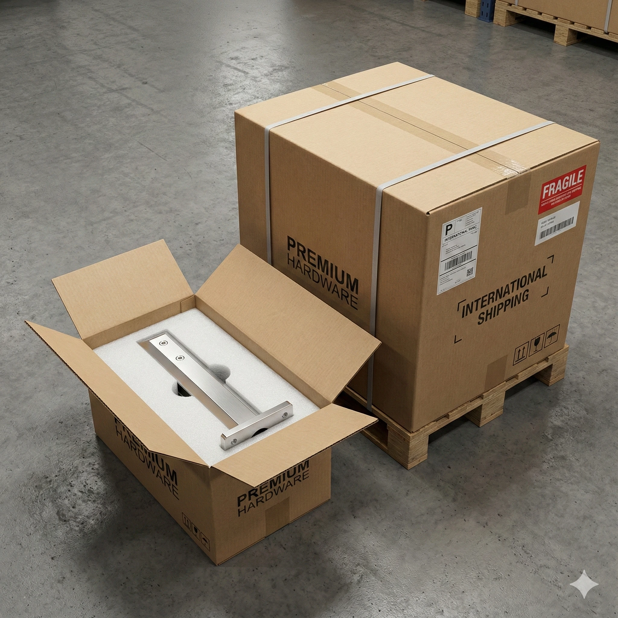 Heavy-duty protective foam packaging to ensure damage-free shipping for glass railing hardware.