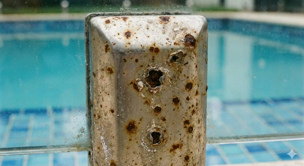 Tea staining and corrosion on low-quality 304 stainless steel glass pool fencing hardware.