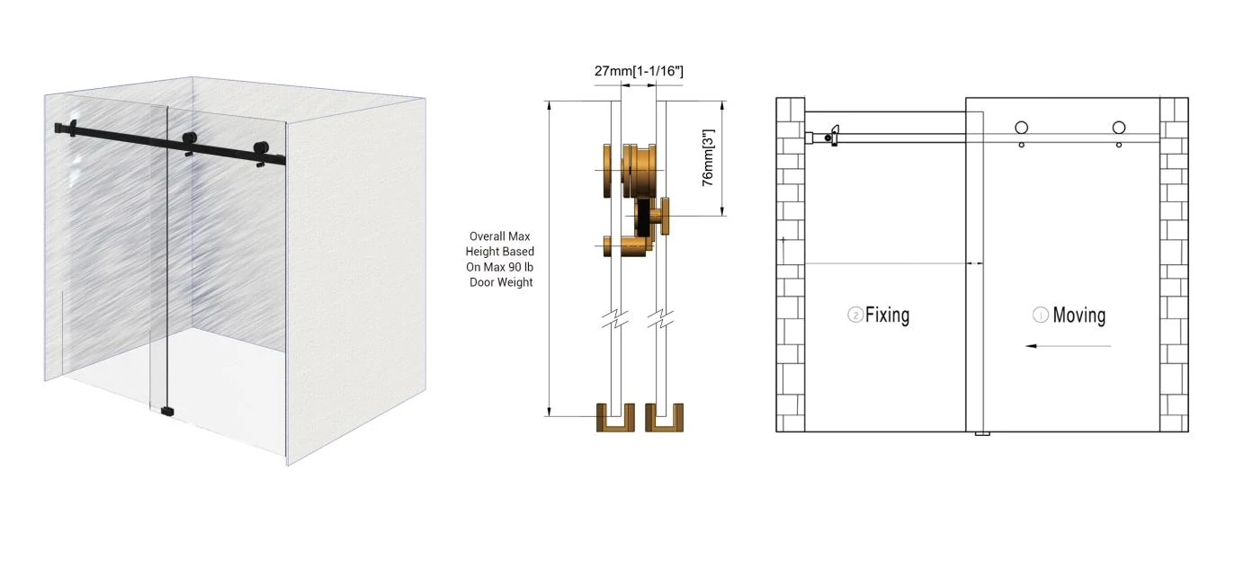 Technical diagram of the SD43 sliding shower door system, showing the single sliding panel mechanism, fixed glass support, and 2-roller suspension dimensions.