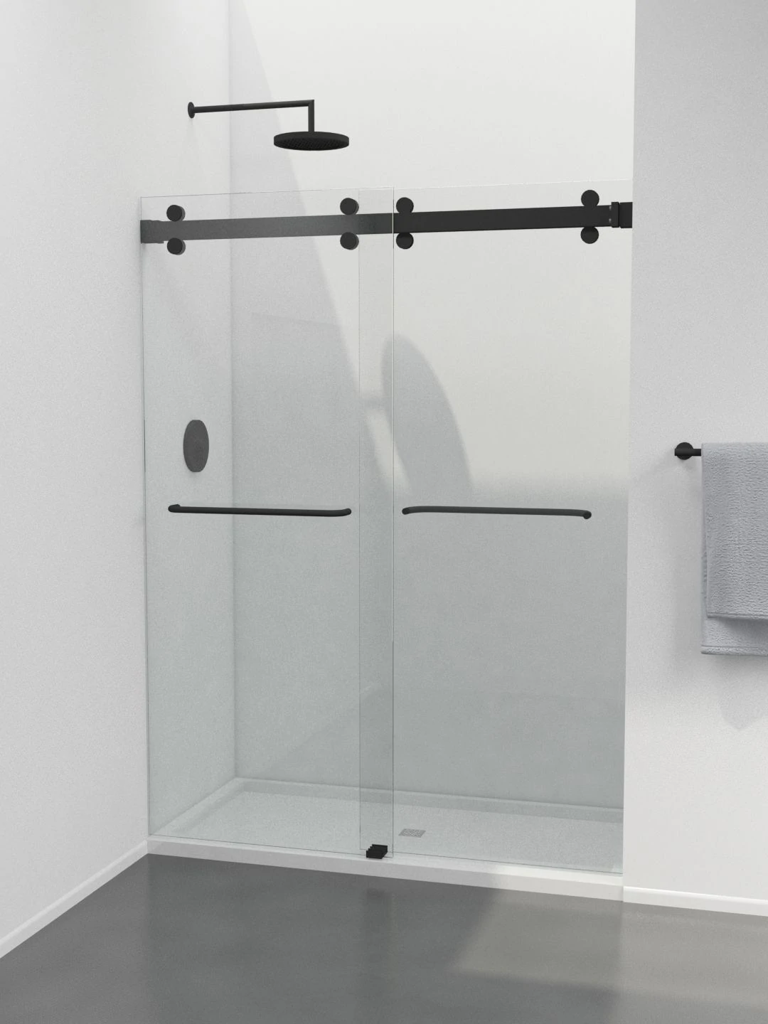 SD44 series dual sliding shower door system with matte black finish, featuring a double-sided opening design and 10mm tempered glass for flexible bathroom access.
