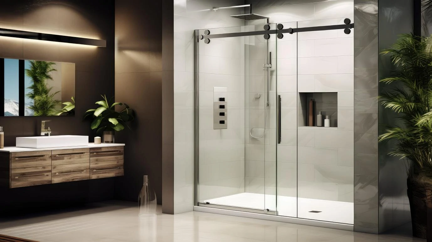 SD44 series heavy-duty sliding shower hardware installed in a wide luxury bathroom, demonstrating stability for extra-wide shower enclosures and high-frequency usage.
