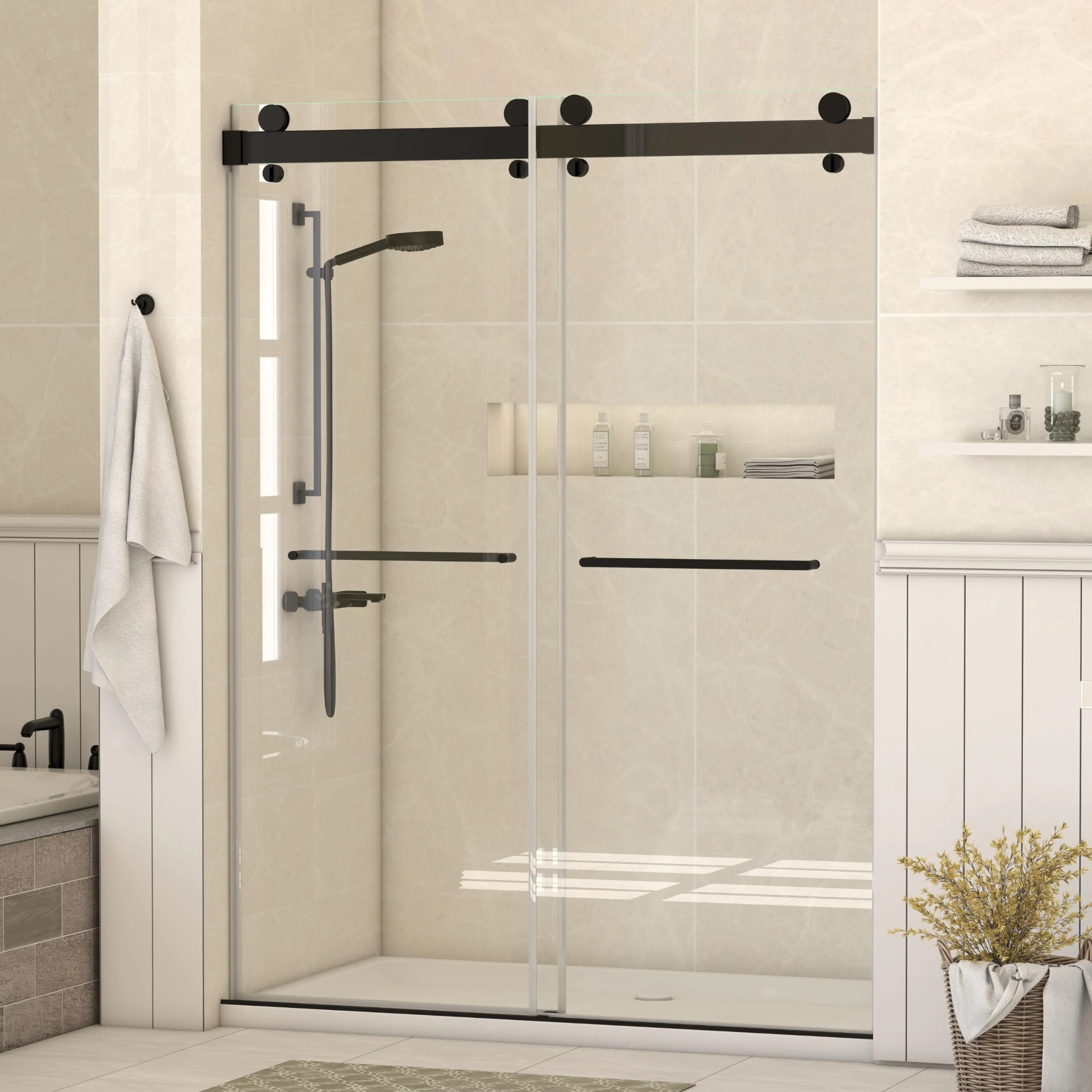 Interior application of the SD44 sliding shower door system, highlighting the 304 stainless steel integral header track and smooth dry-wet separation capabilities.