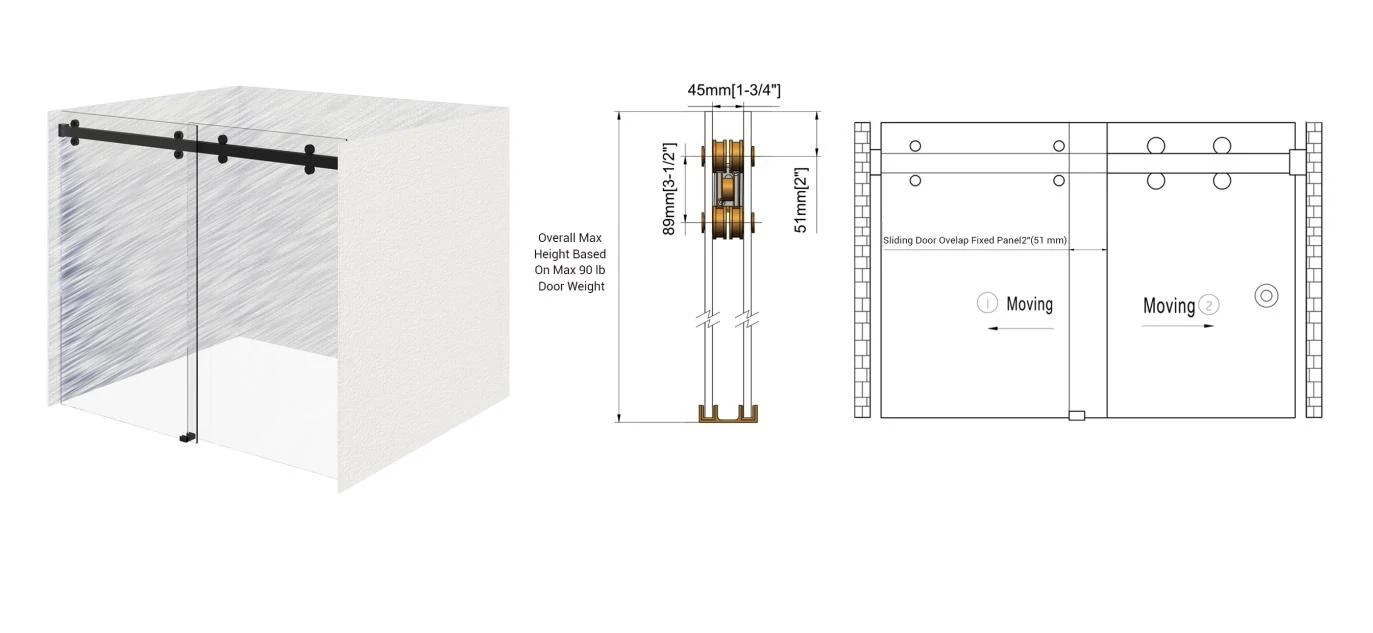 Technical specification drawing of the SD44 series, illustrating the 8-roller distributed load-bearing structure, 45mm header track dimensions, and dual sliding panel logic.