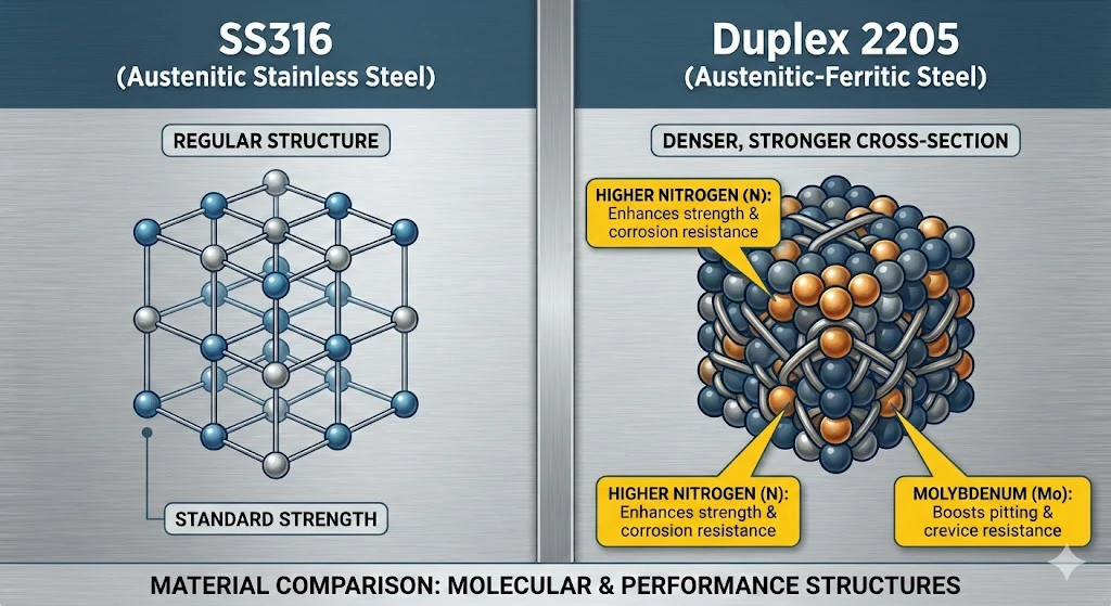 Comparison chart of pitting resistance PREN values: SS316 vs Duplex 2205 stainless steel.