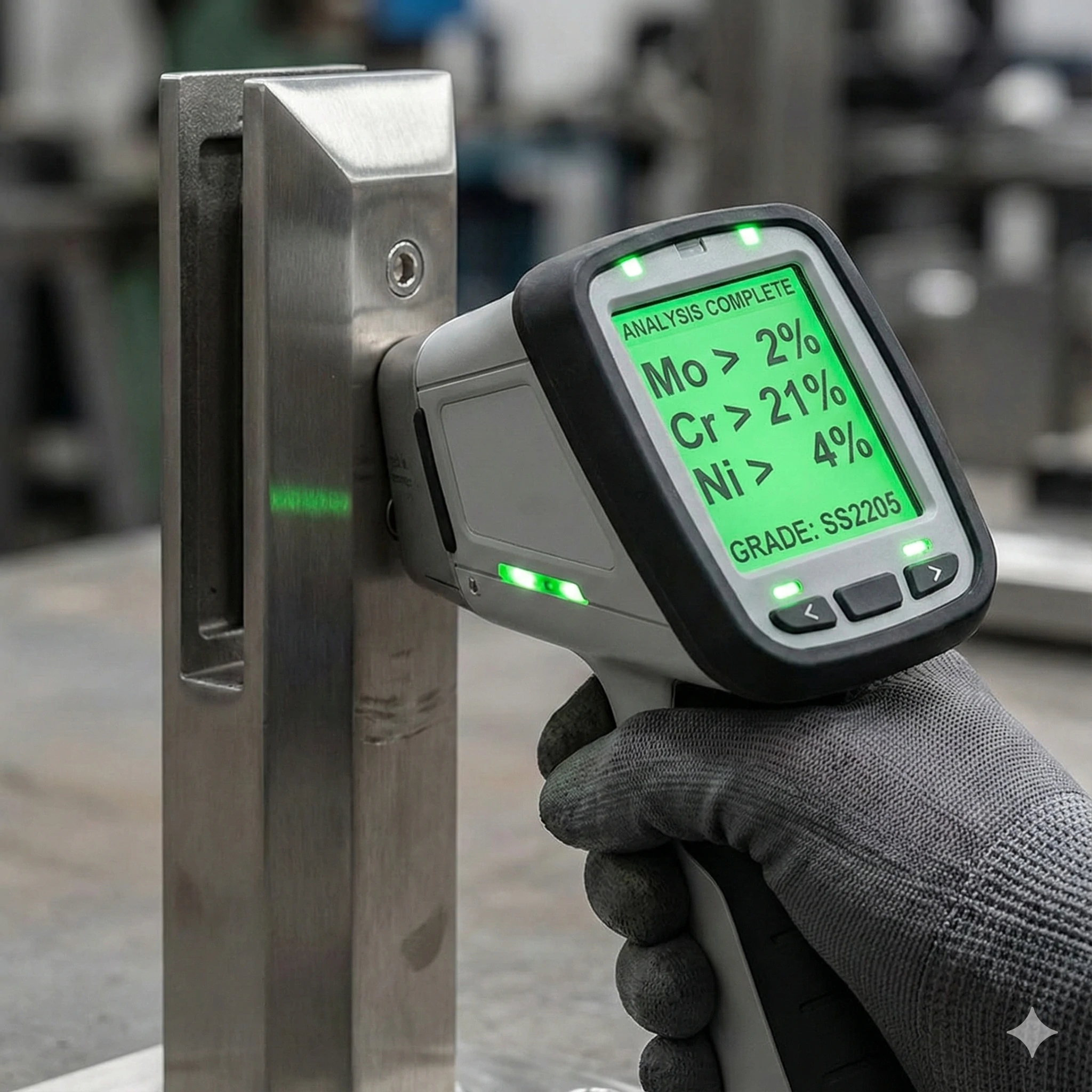 Quality control inspection using a spectrometer PMI gun to verify stainless steel grade 2205 composition.