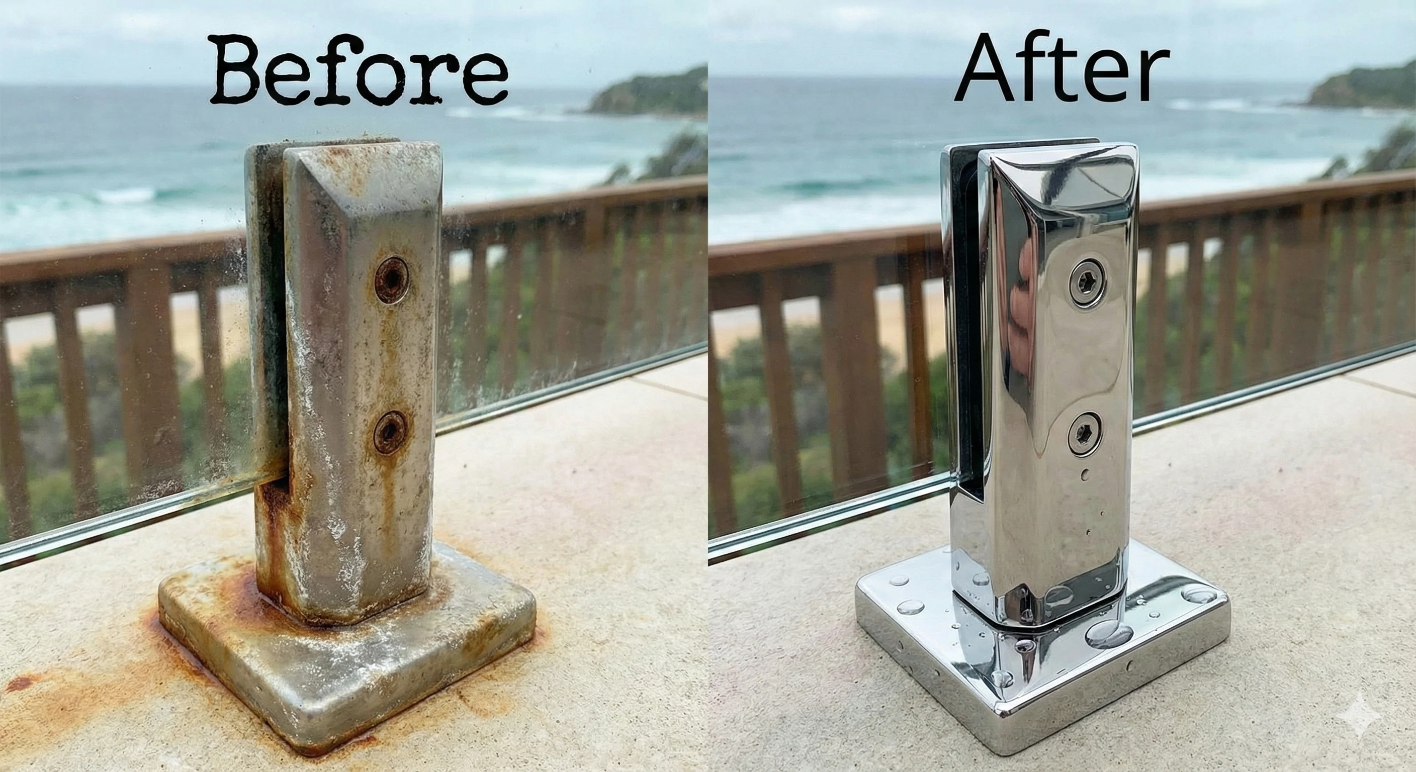 Before and after comparison showing a tea-stained stainless steel spigot versus a cleaned and polished spigot.