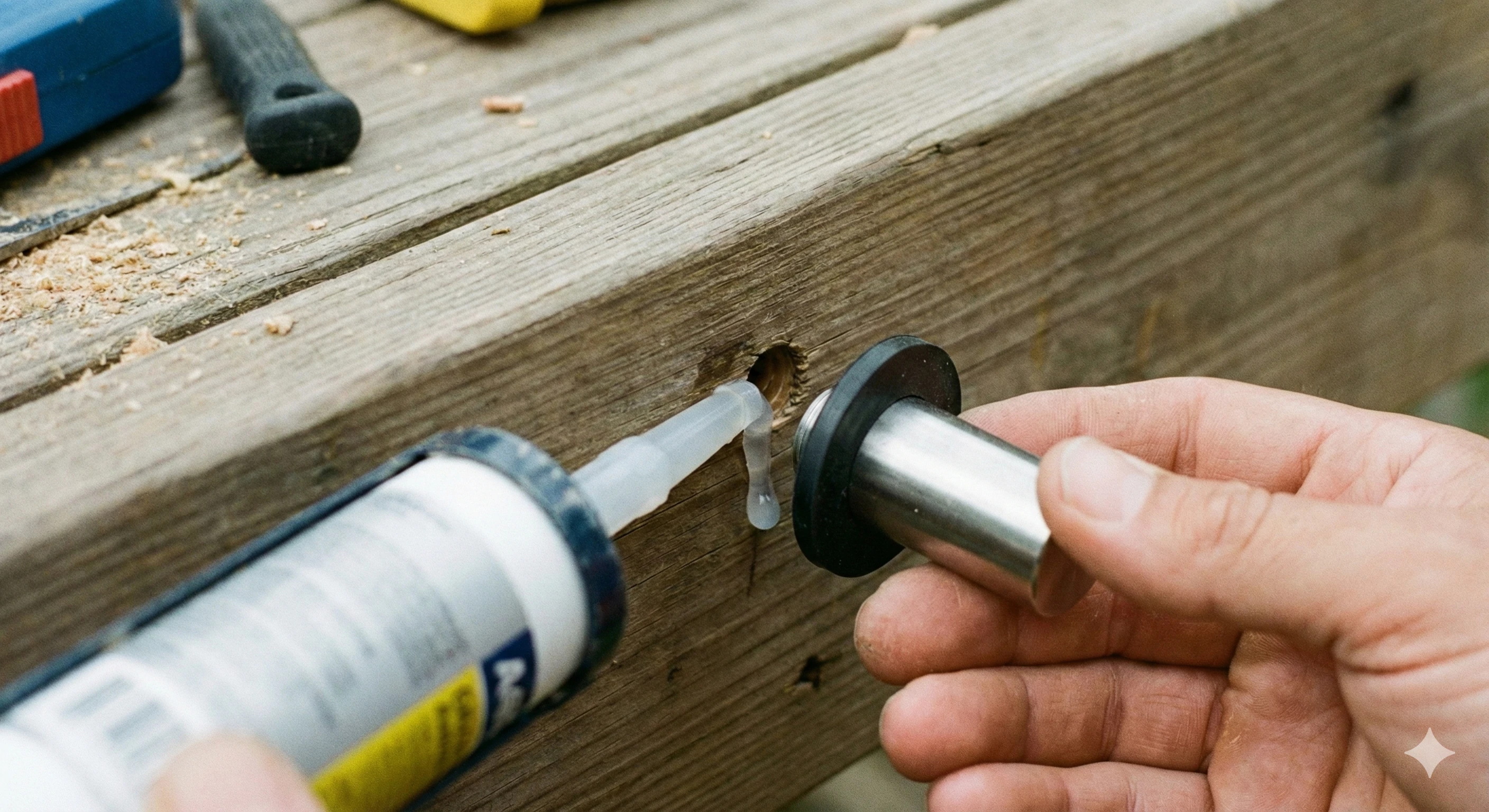 Imperméabilisation de l'installation à distance à l'aide d'un mastic silicone et de rondelles en caoutchouc afin d'empêcher toute infiltration d'eau.