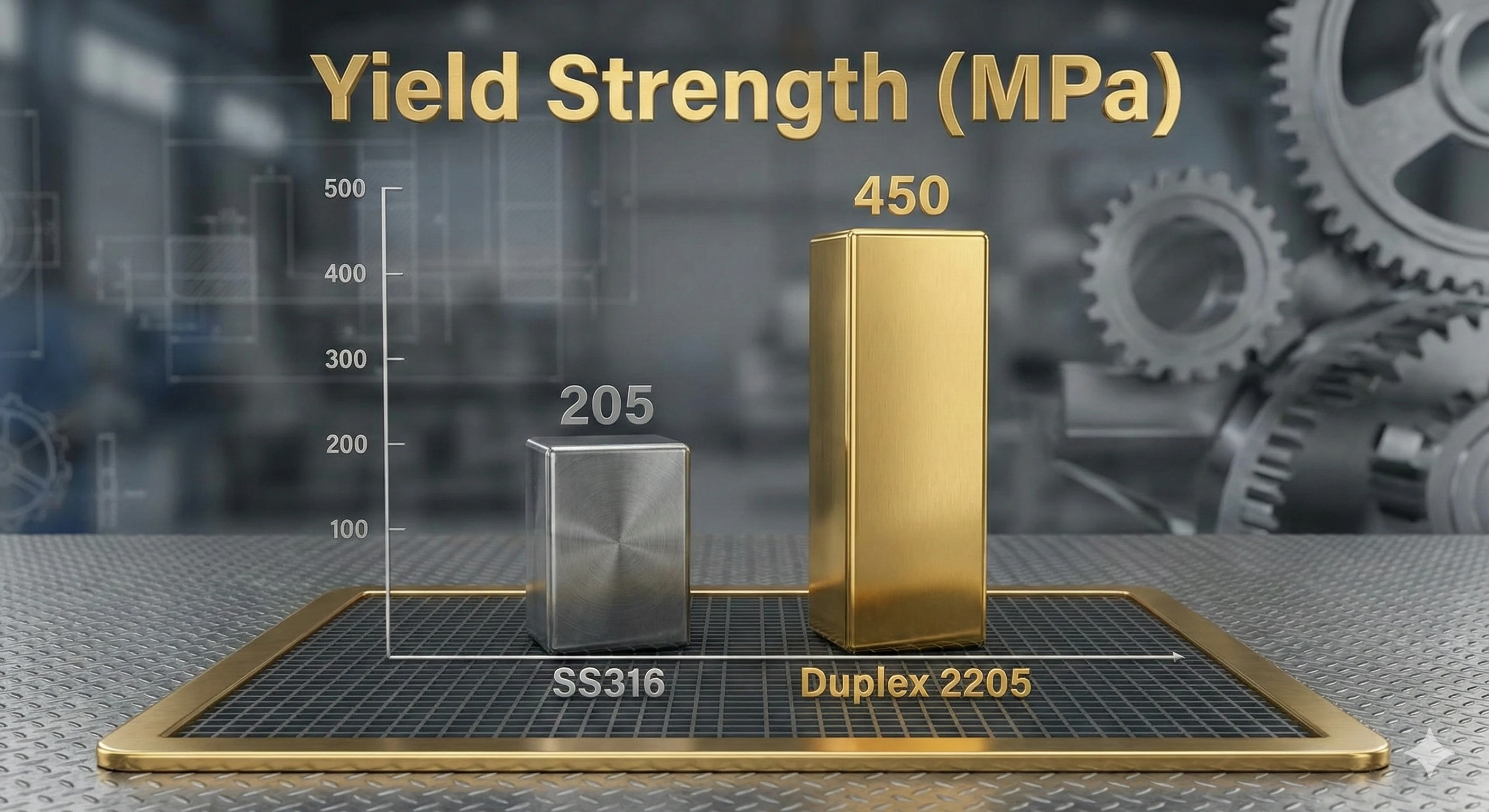 Yield strength comparison chart showing Duplex 2205 is twice as strong as 316 stainless steel.