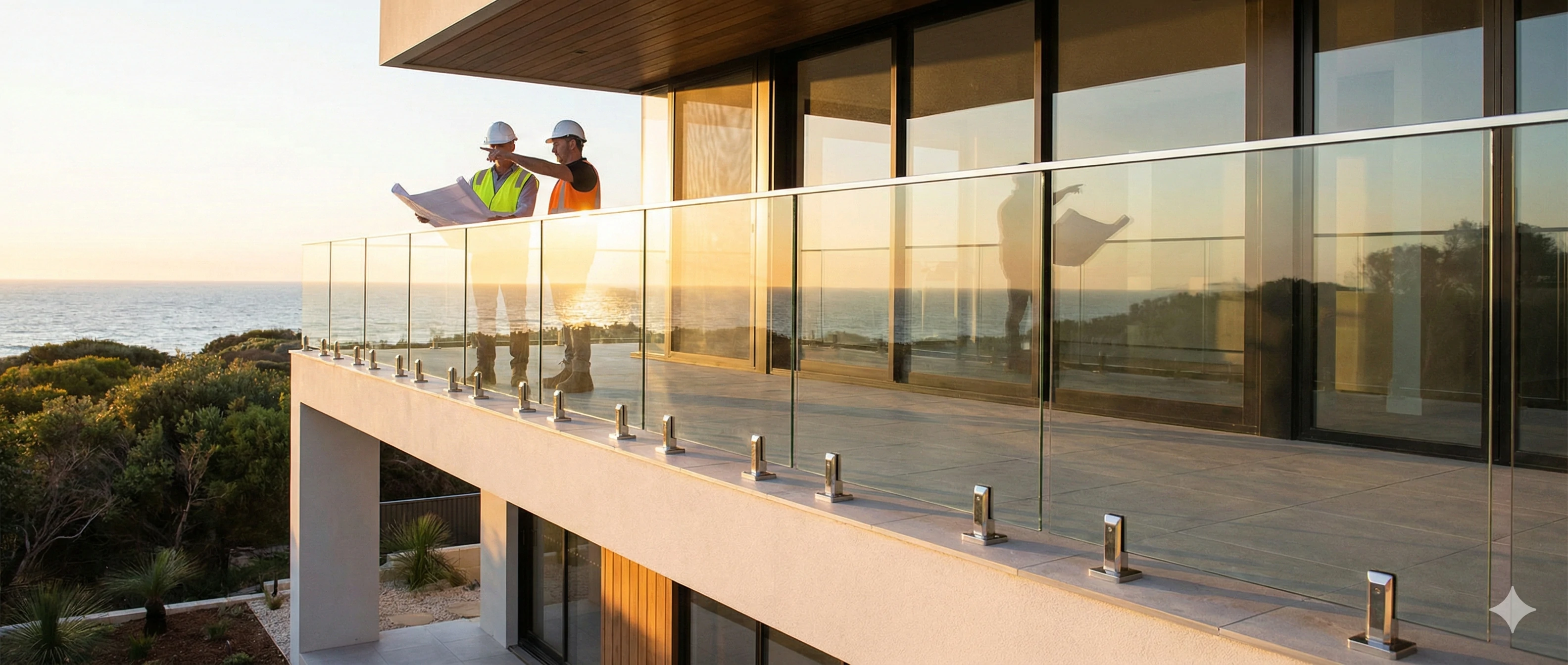 Architects checking glass balustrade compliance on Australian balcony